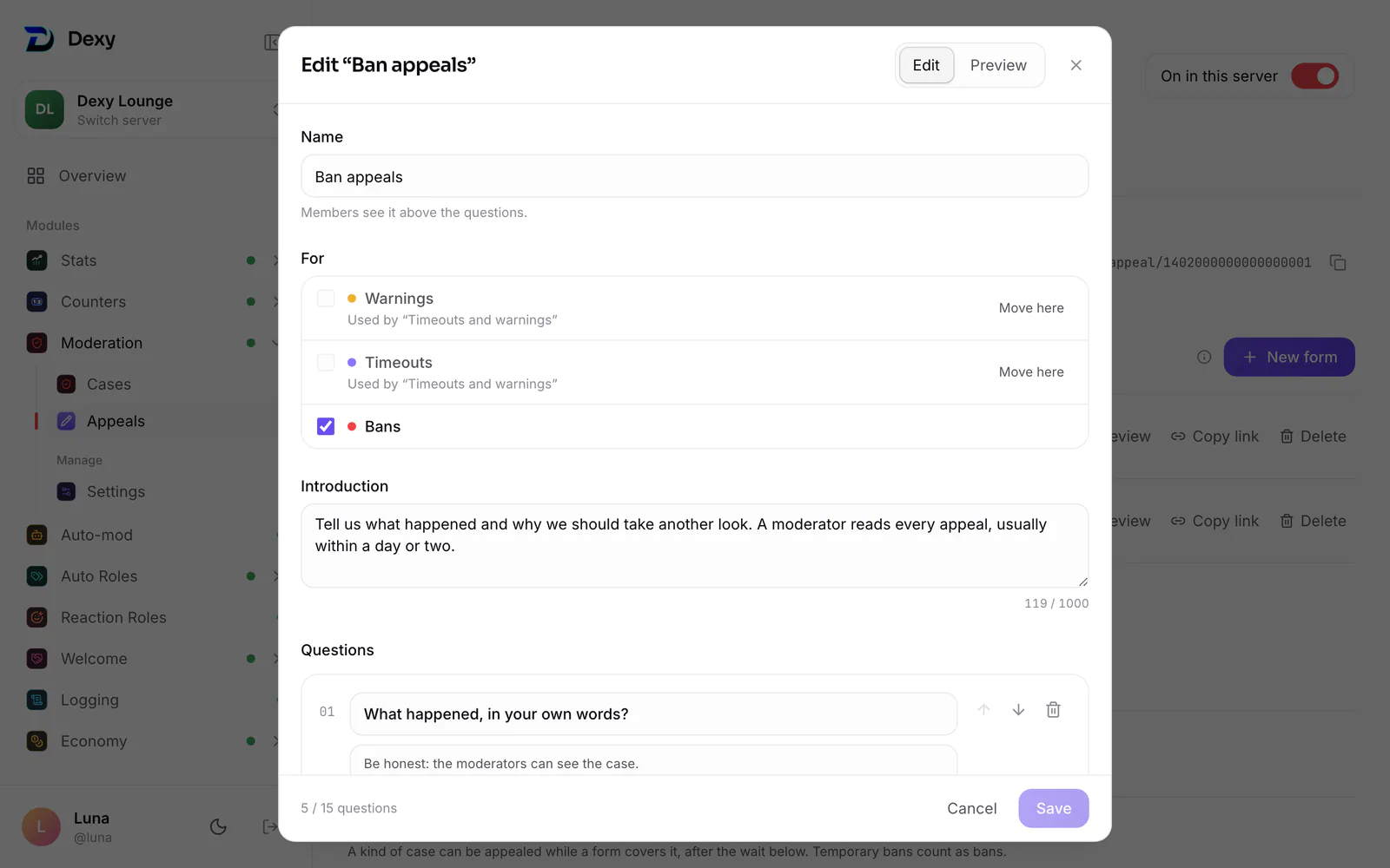 The form editor: the name, the introduction and each question