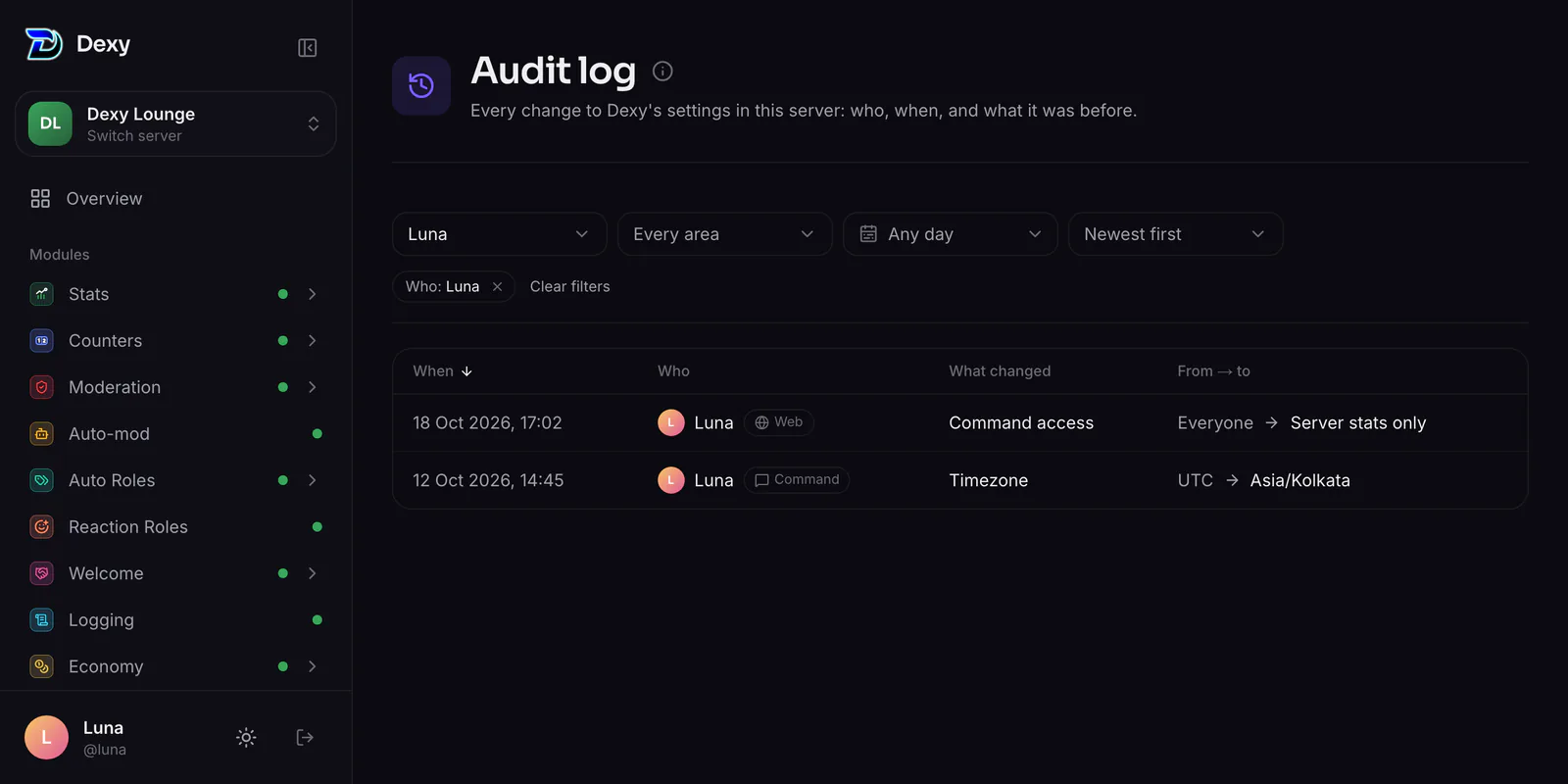 The audit log, with filters for who, area and days
