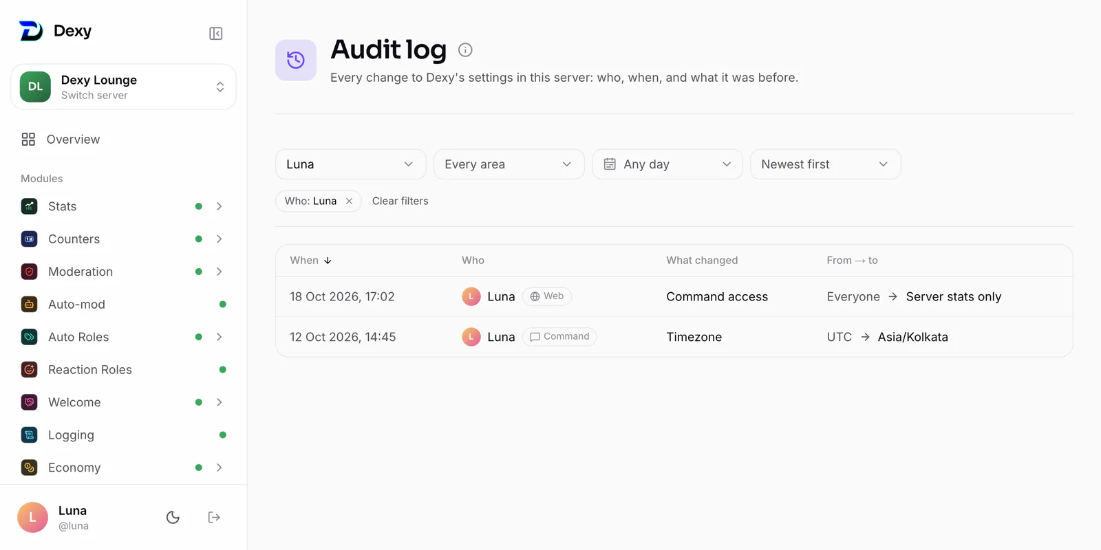 The audit log, with filters for who, area and days