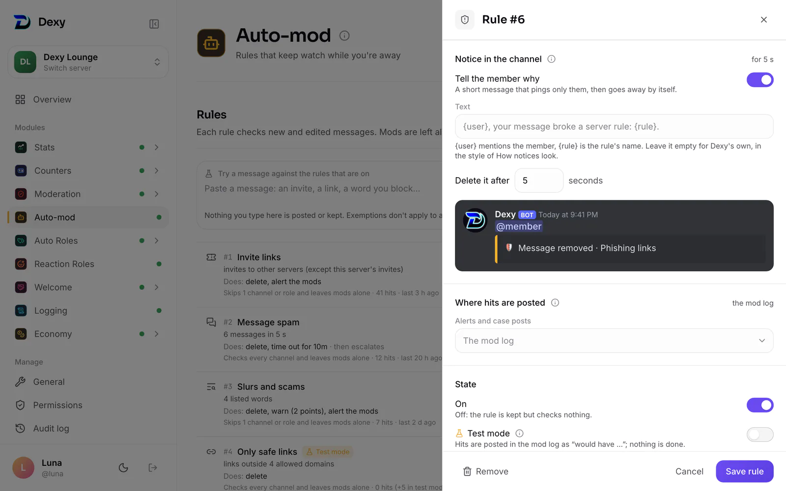 A phishing rule in the editor: the notice in the channel and where its hits are posted