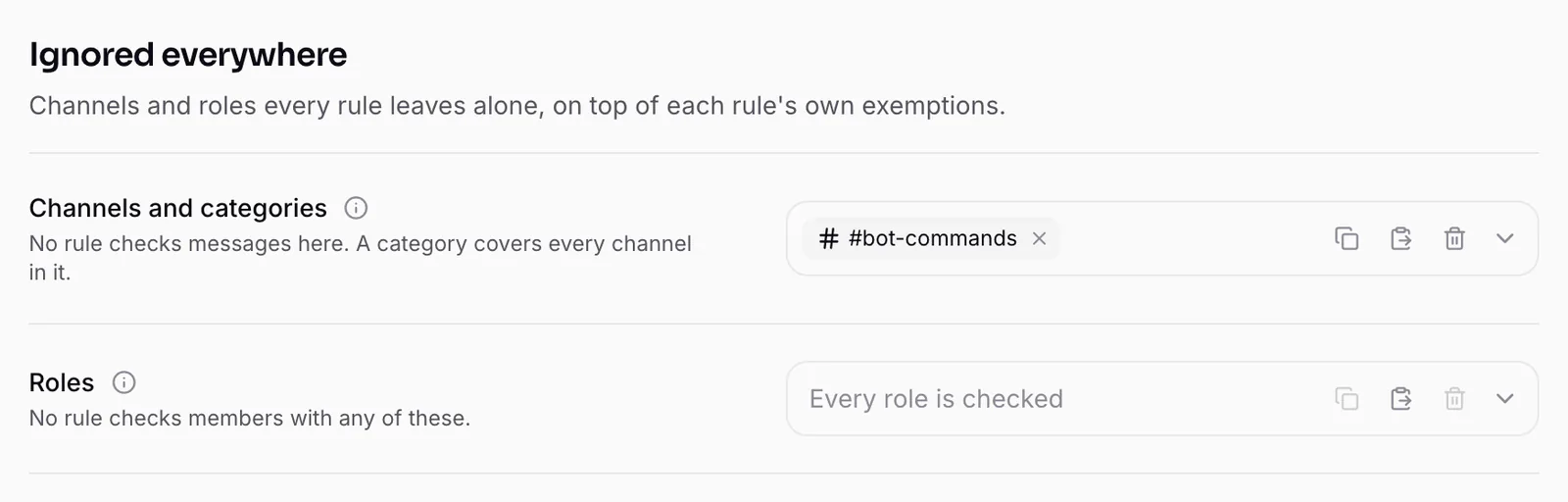 The channels and roles every auto-mod rule leaves alone