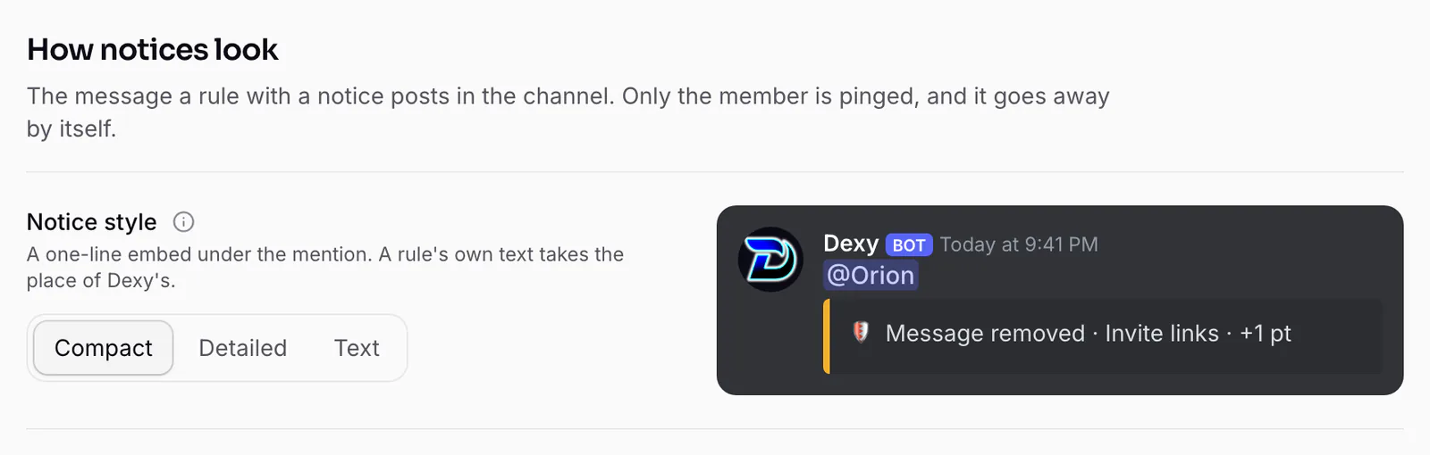 How notices look: the style of every rule's notice, with a preview