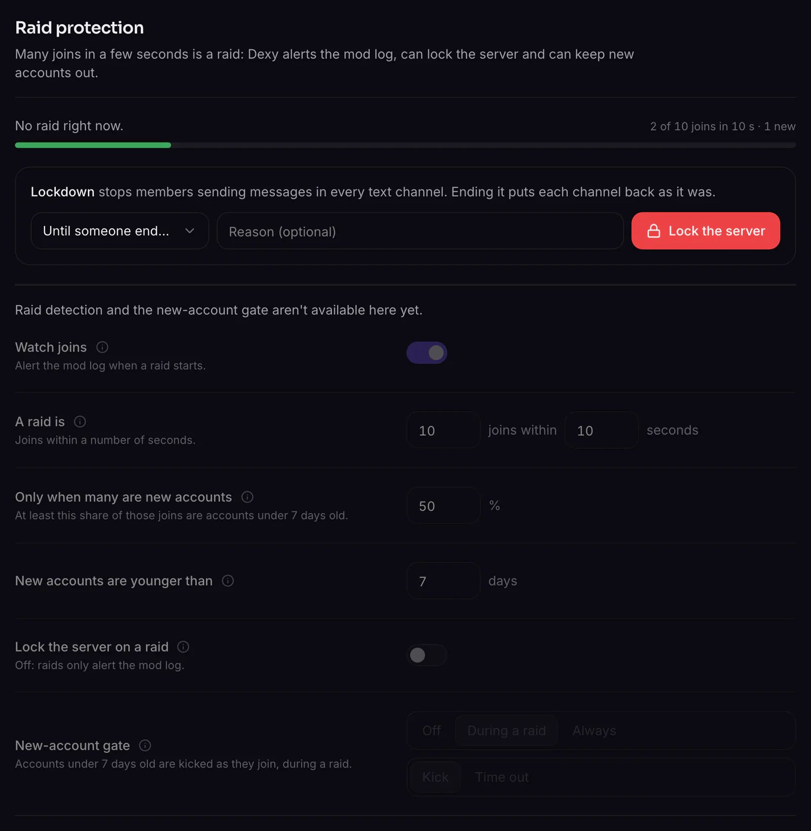 The Raid protection section of the Auto-mod page, where you can lock the server by hand