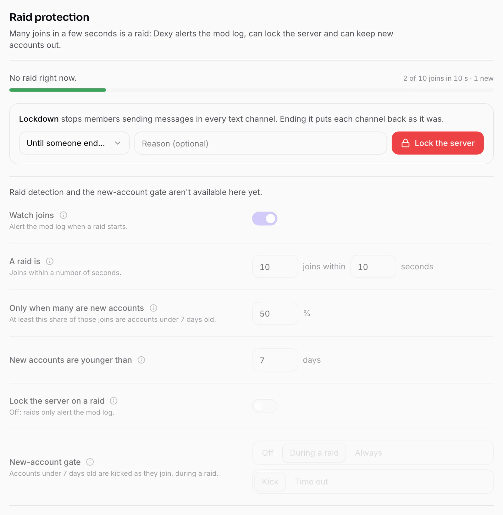 The Raid protection section of the Auto-mod page, where you can lock the server by hand