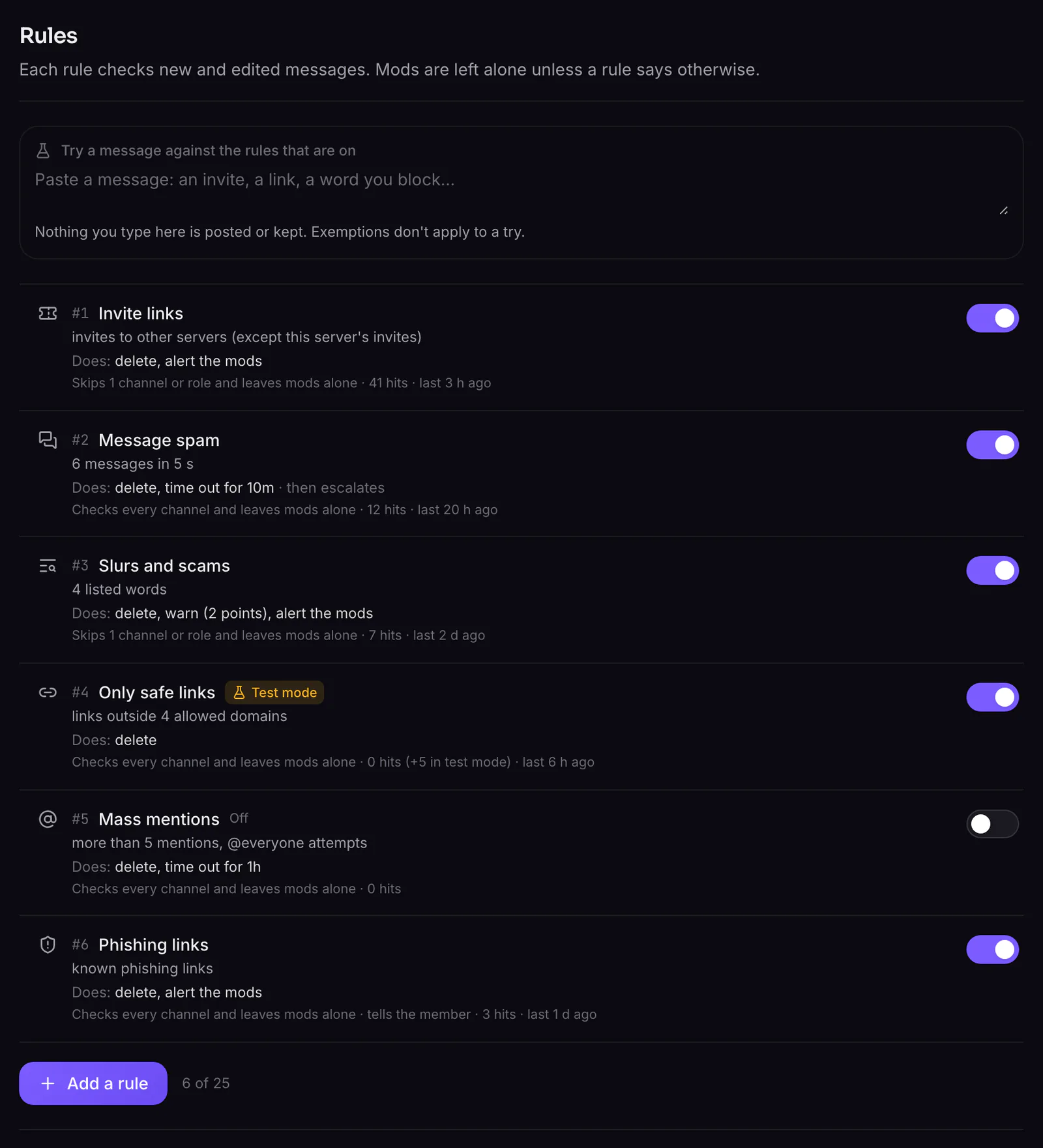 Auto-mod rules, with the box to try a message at the top