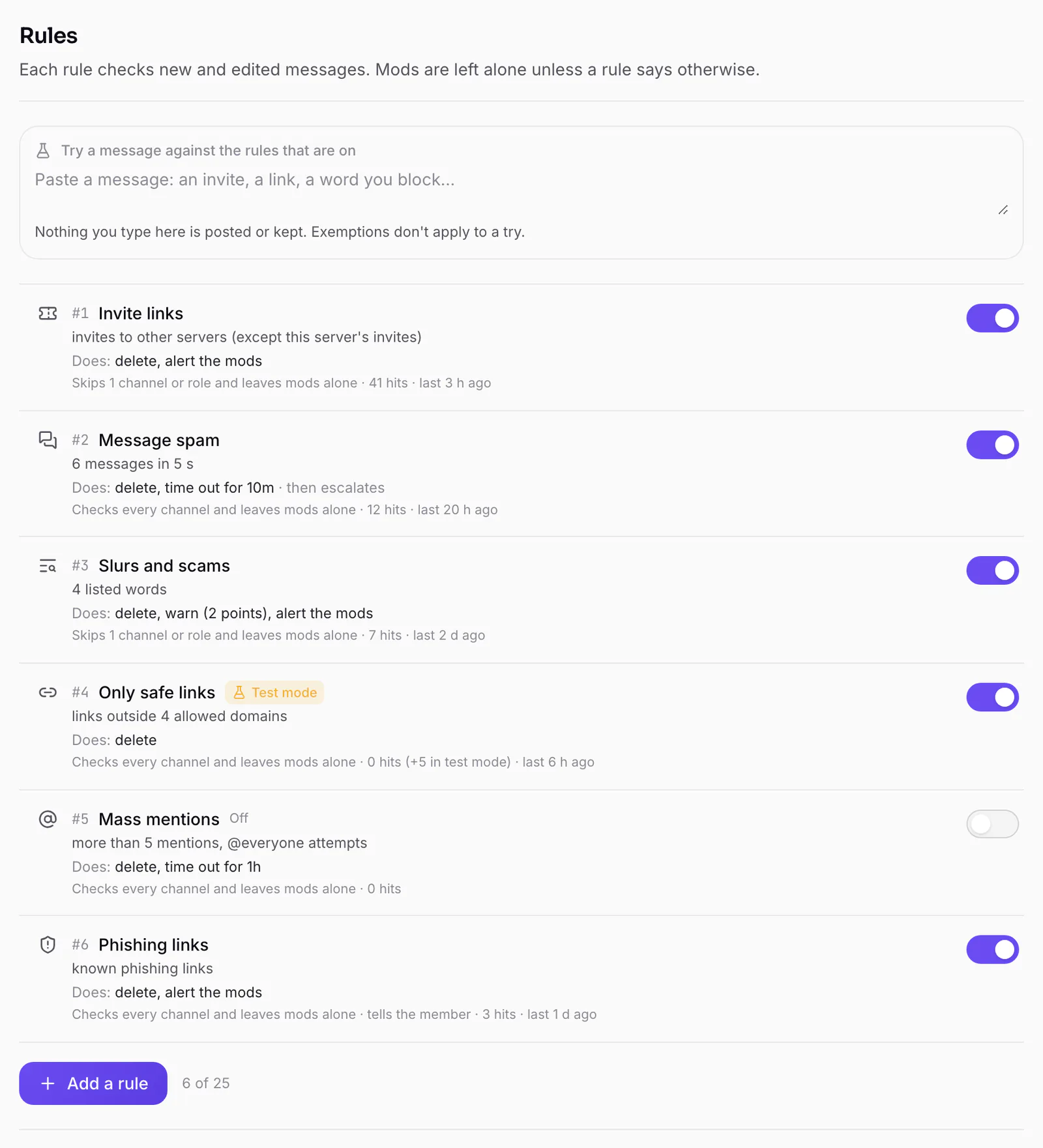 Auto-mod rules, with the box to try a message at the top