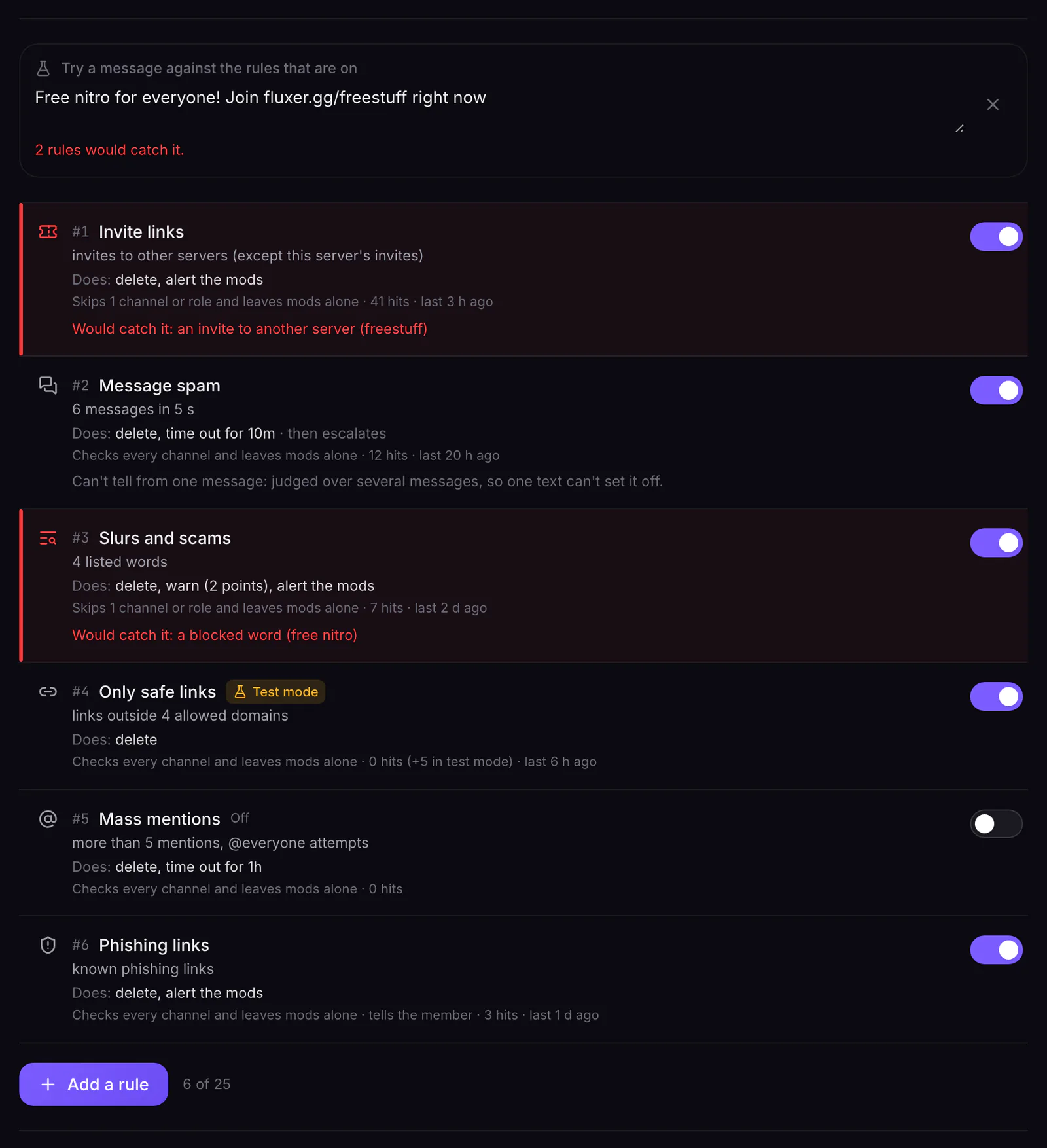 Trying a message: which rules would catch it, and why