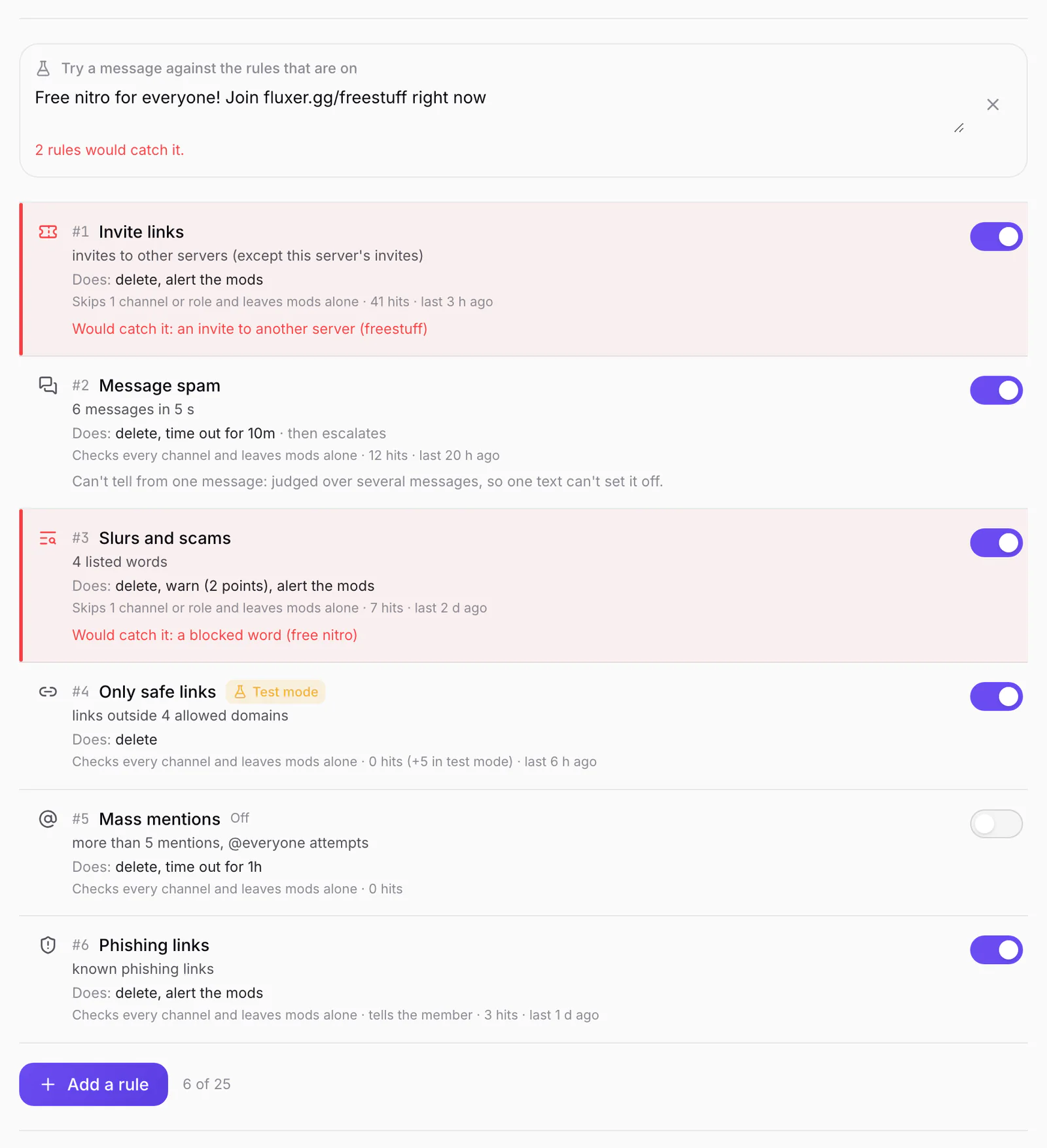 Trying a message: which rules would catch it, and why