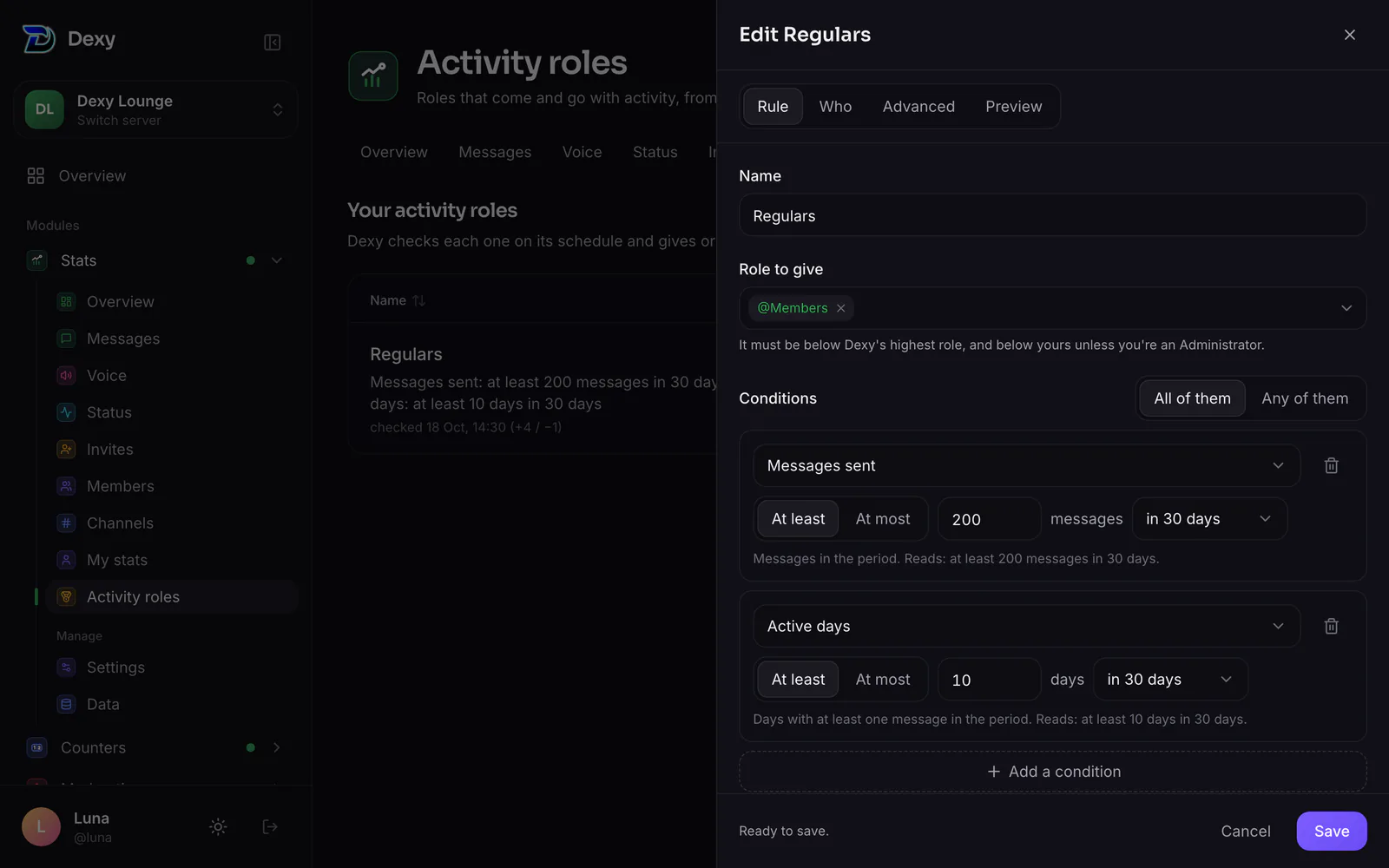 Editing a rule: its name, the role to give and its conditions