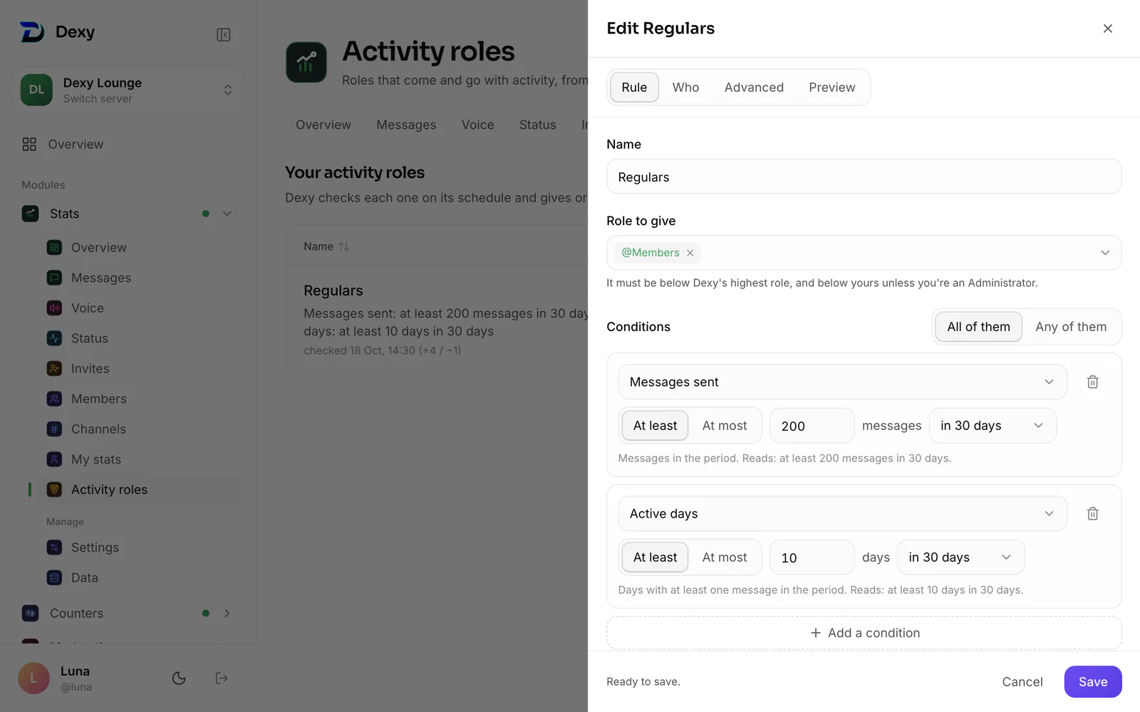 Editing a rule: its name, the role to give and its conditions