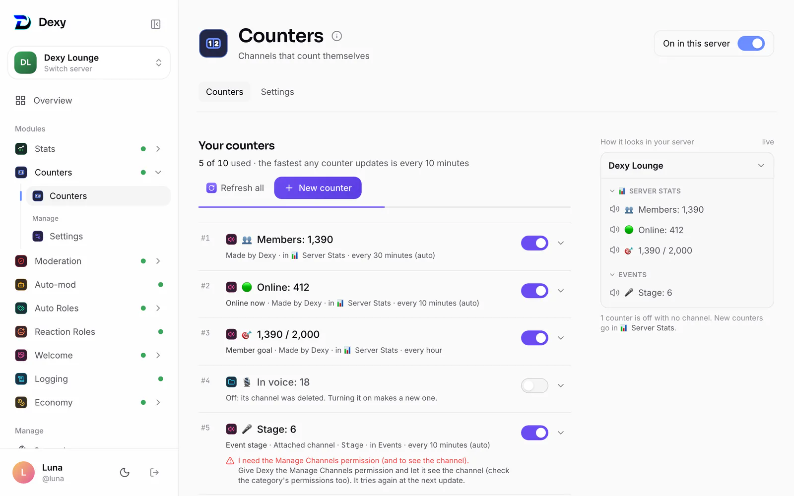 Counters: your counters, and how they look in your server's channel list