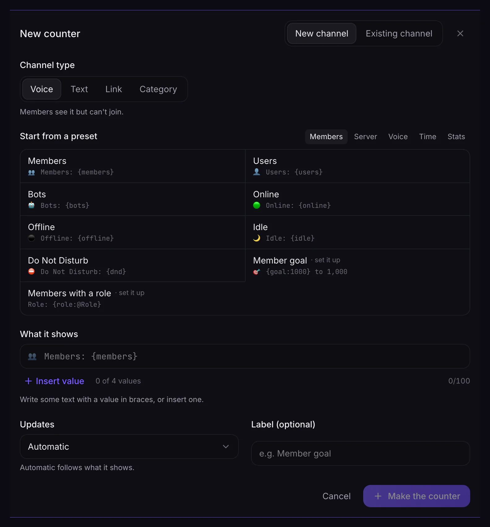 The new counter form: channel type, presets and what it shows