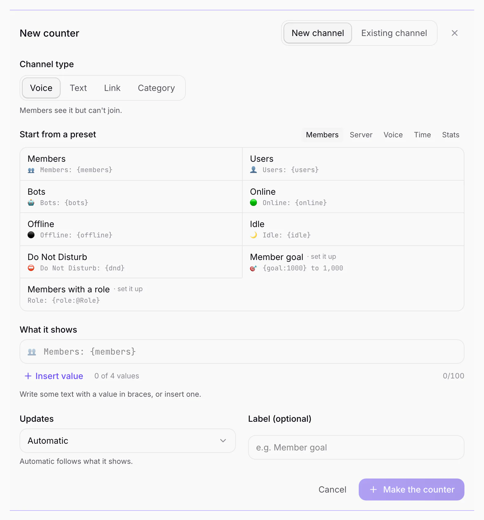 The new counter form: channel type, presets and what it shows