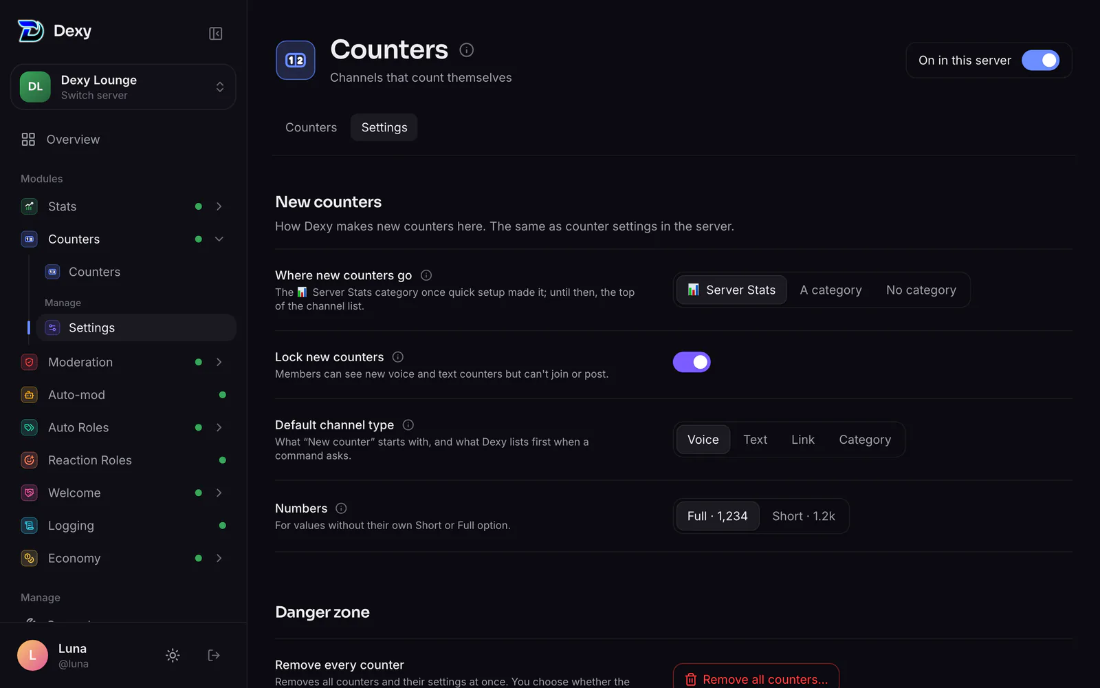 Counters ▸ Settings: where new counters go, locking, channel type and numbers
