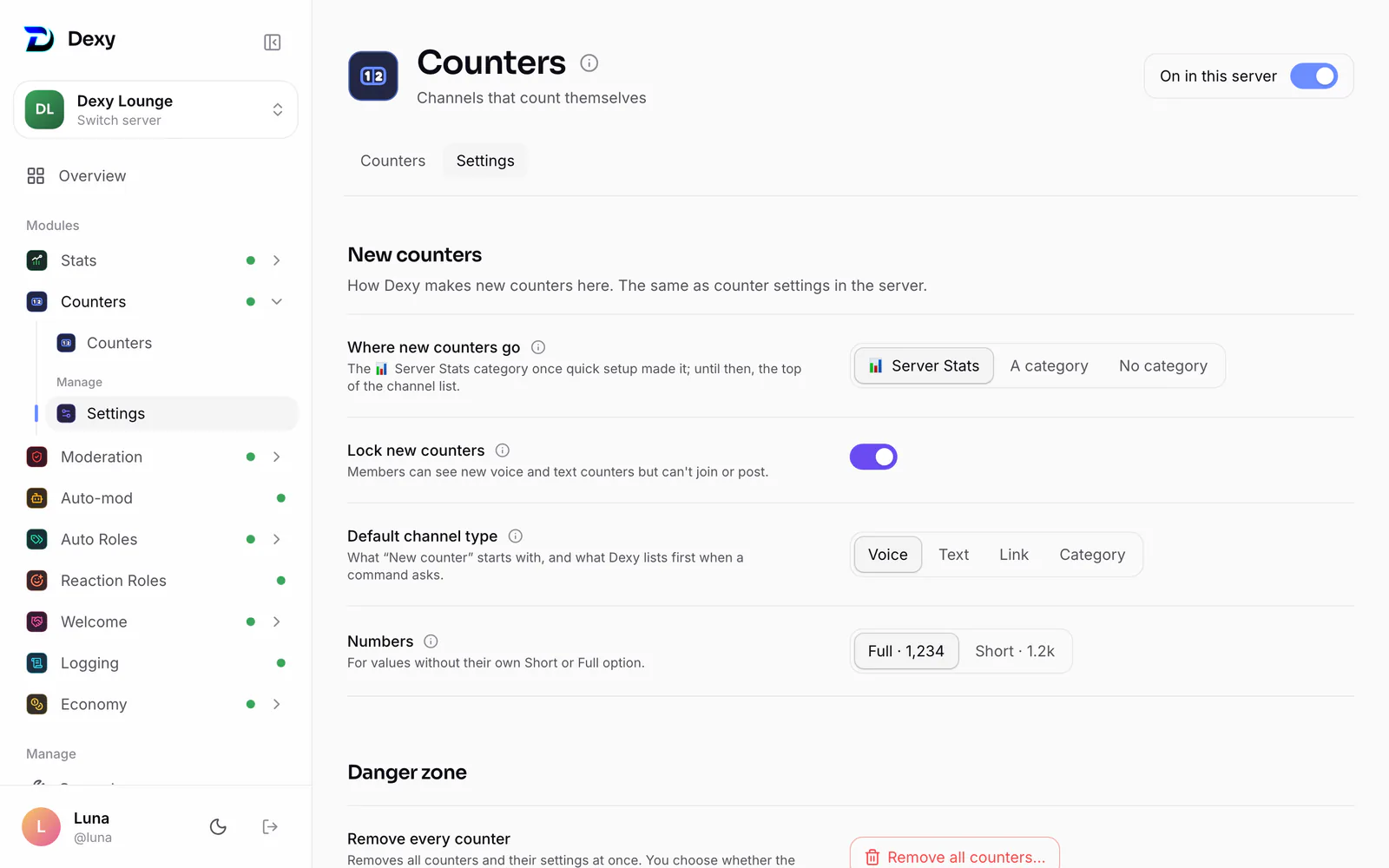 Counters ▸ Settings: where new counters go, locking, channel type and numbers