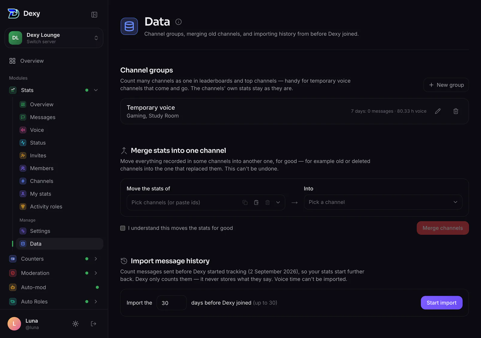 Stats ▸ Data: channel groups, merging channels, history import and exporting members by role
