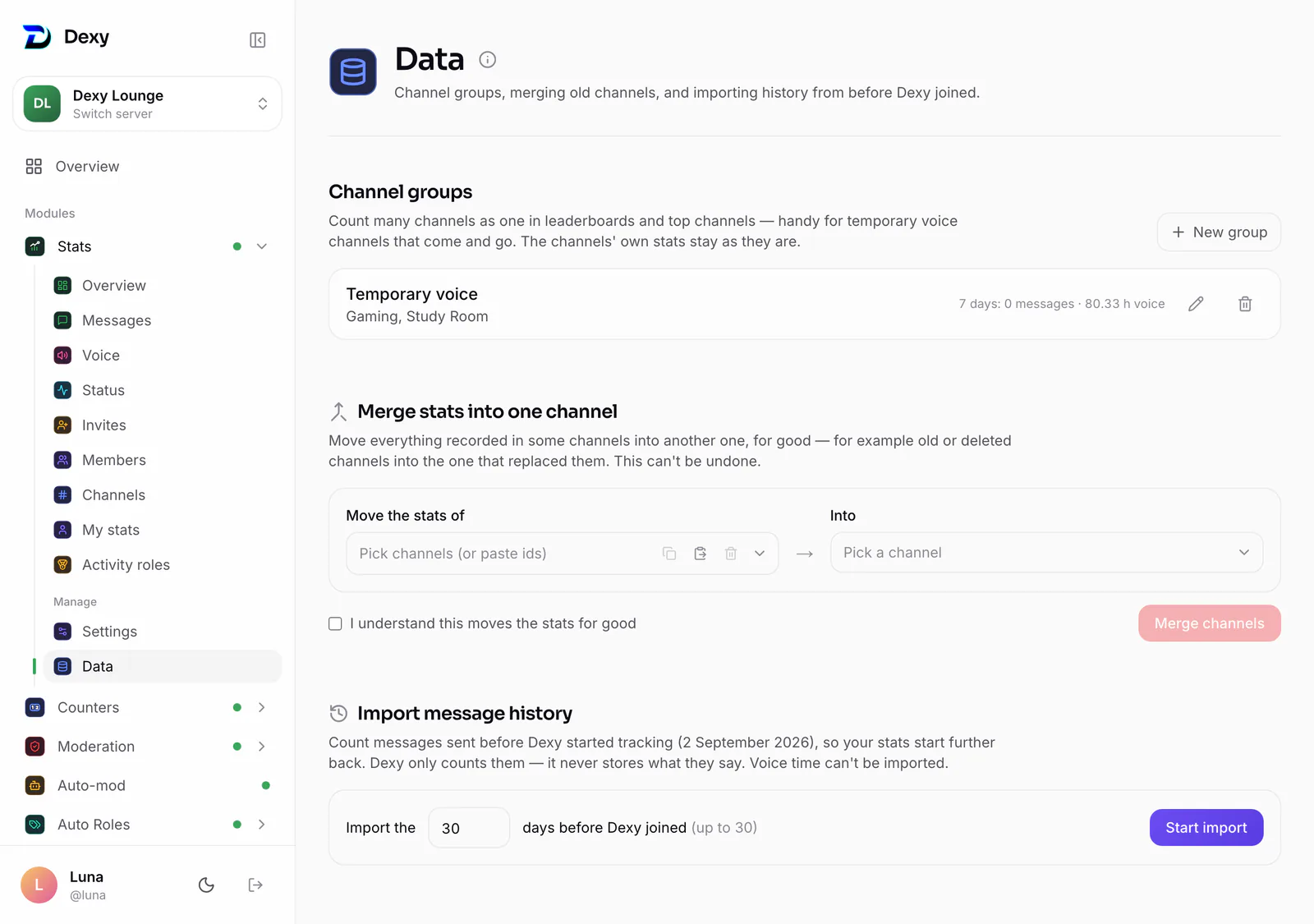 Stats ▸ Data: channel groups, merging channels, history import and exporting members by role