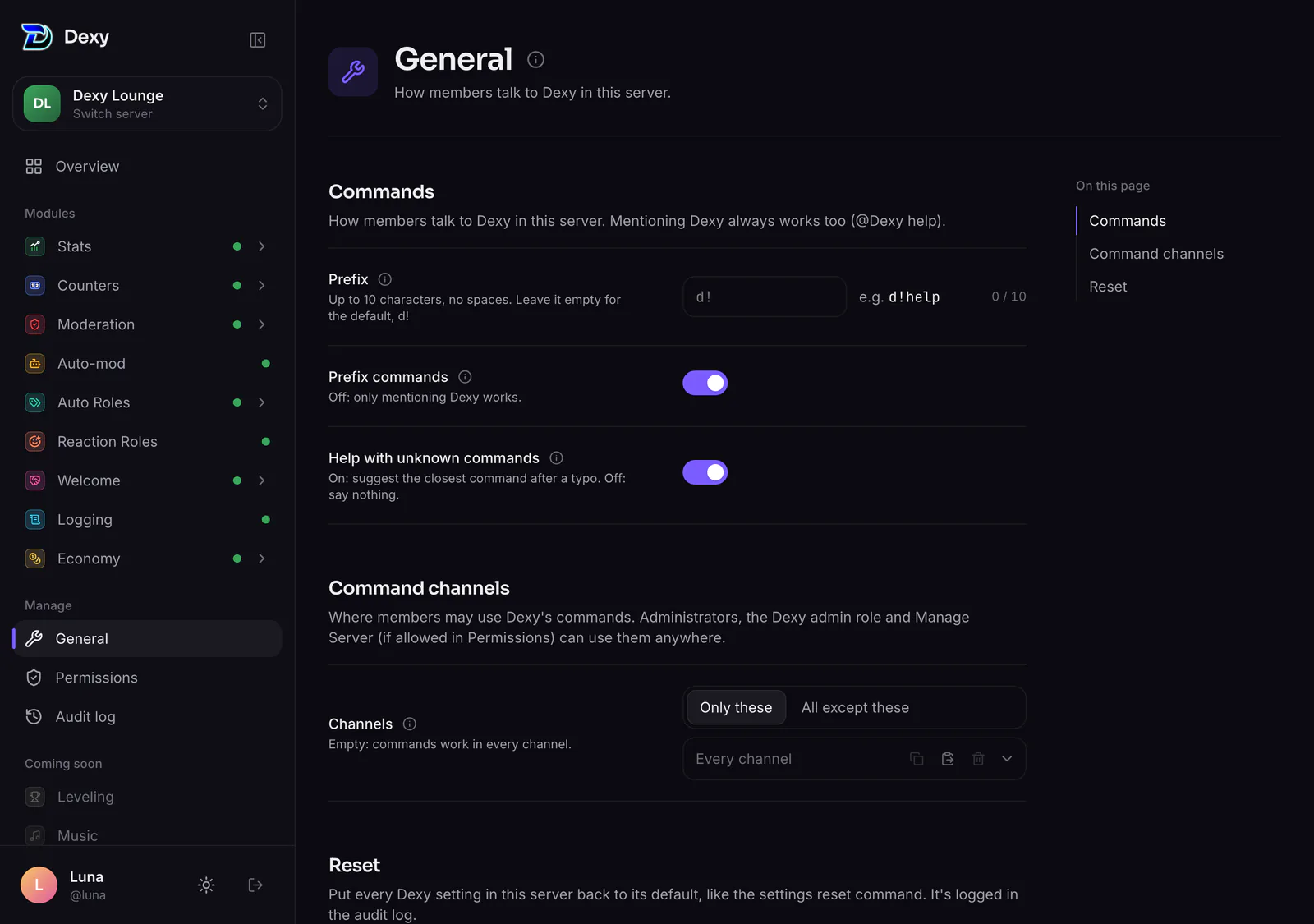 Manage ▸ General: the prefix, prefix commands and command channels