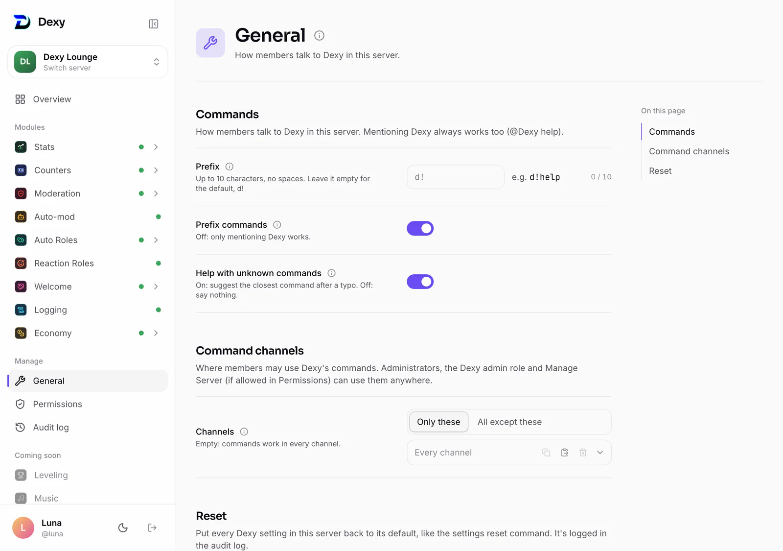 Manage ▸ General: the prefix, prefix commands and command channels