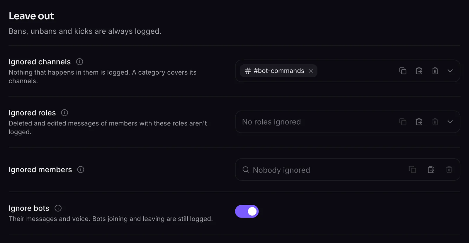 Leave out: ignored channels, roles and members, and bots