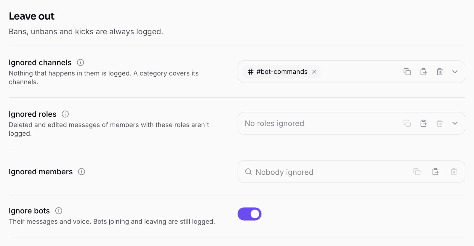 Leave out: ignored channels, roles and members, and bots