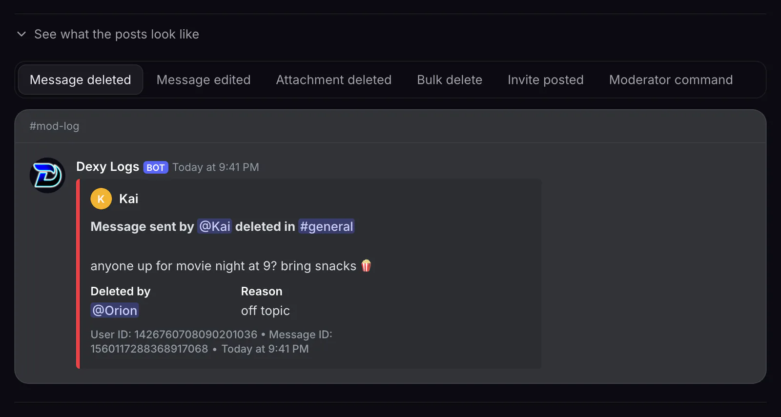 See what the posts look like, opened under Messages: pick an event to see its post