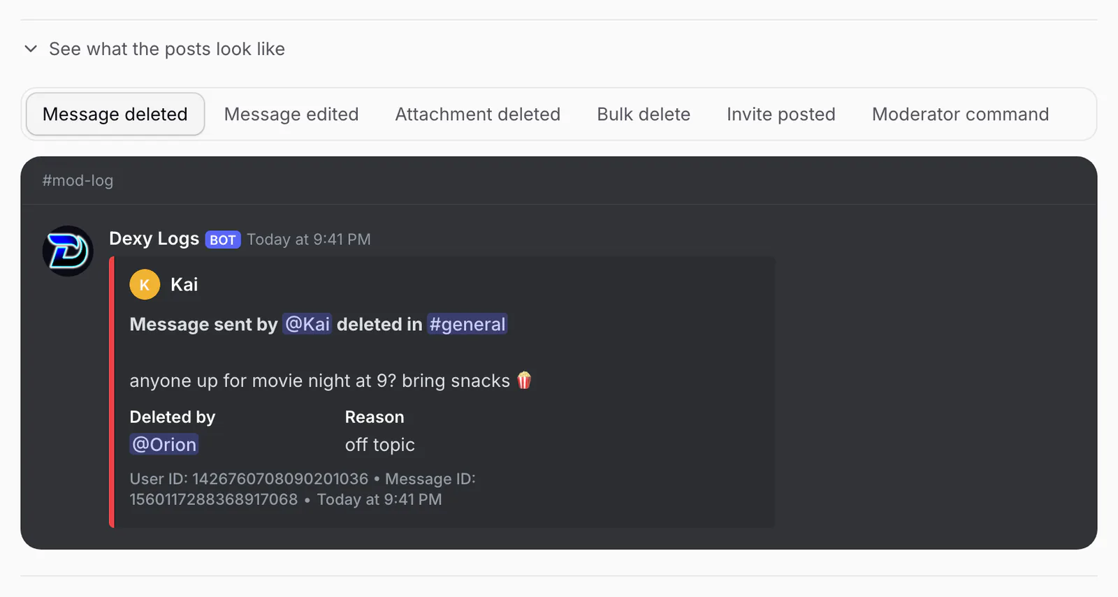 See what the posts look like, opened under Messages: pick an event to see its post