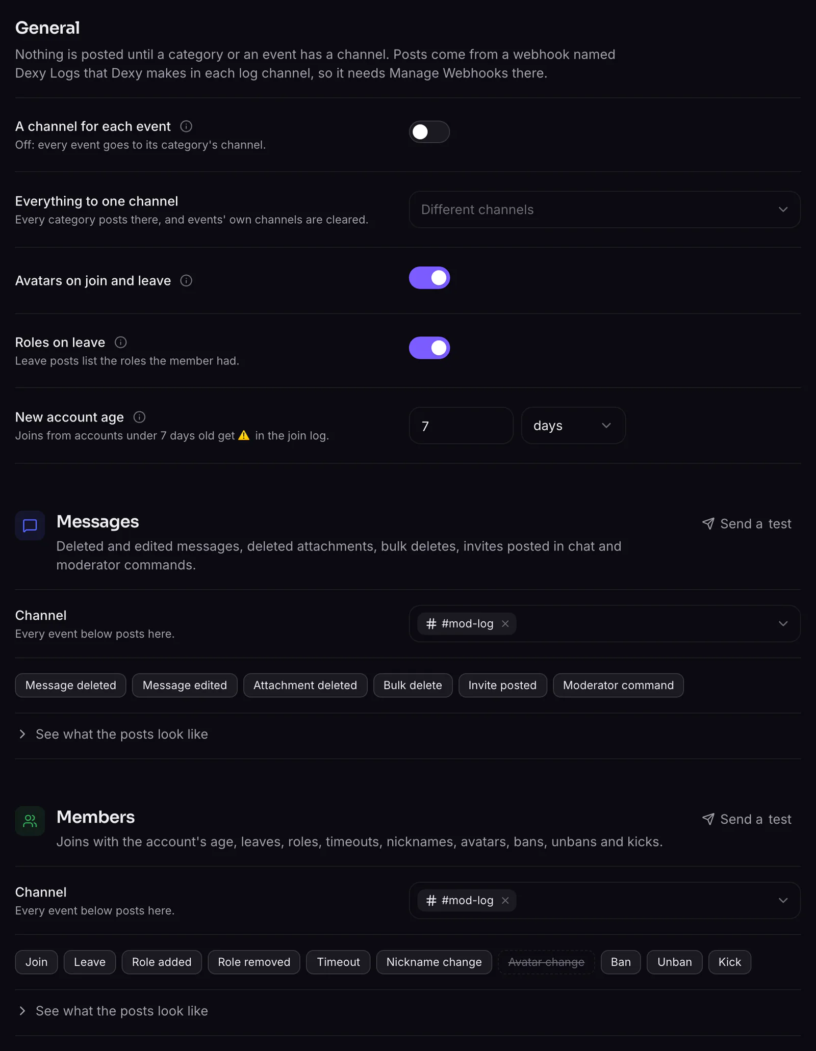 The Logging page: General at the top, then each category with its channel and events