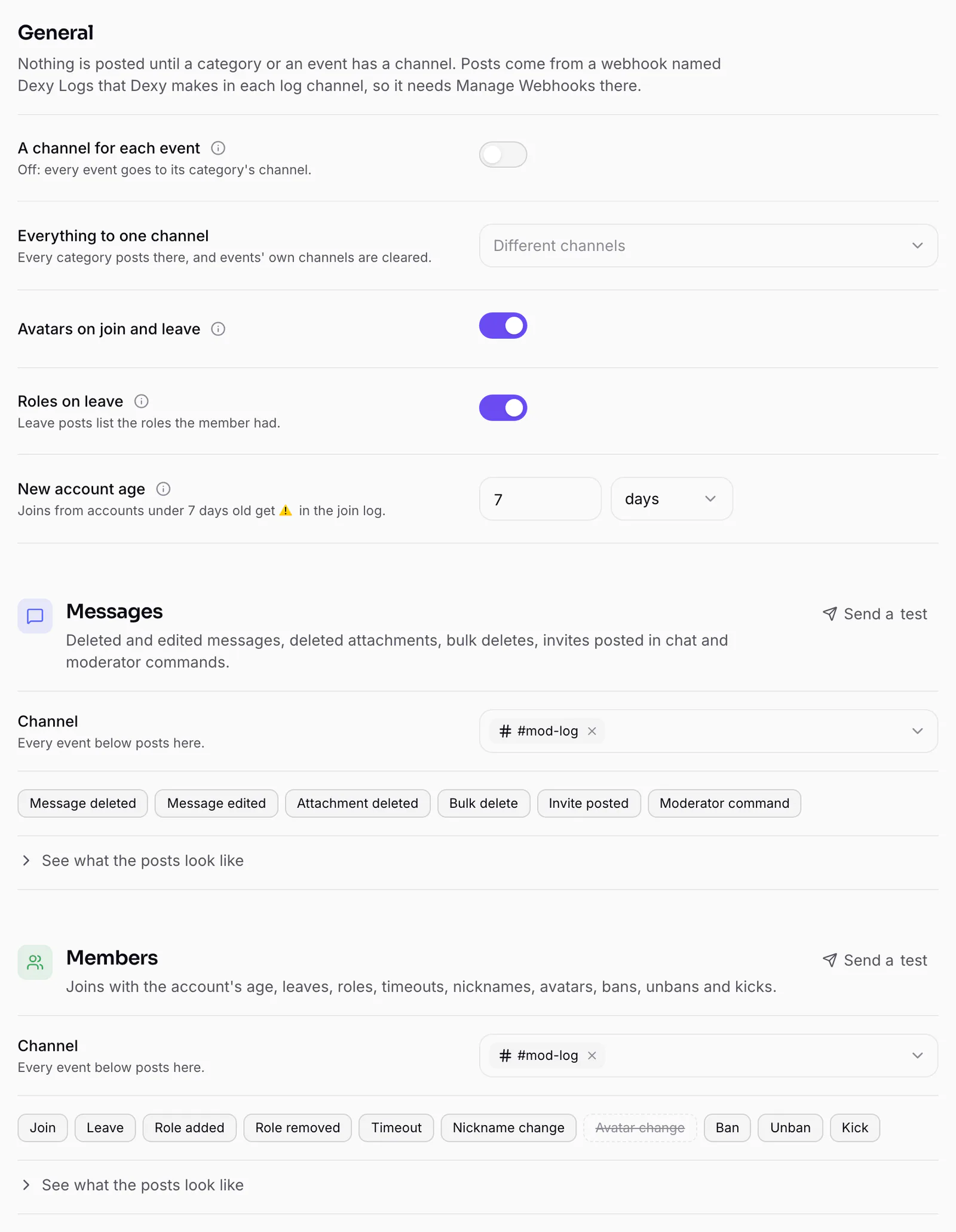 The Logging page: General at the top, then each category with its channel and events