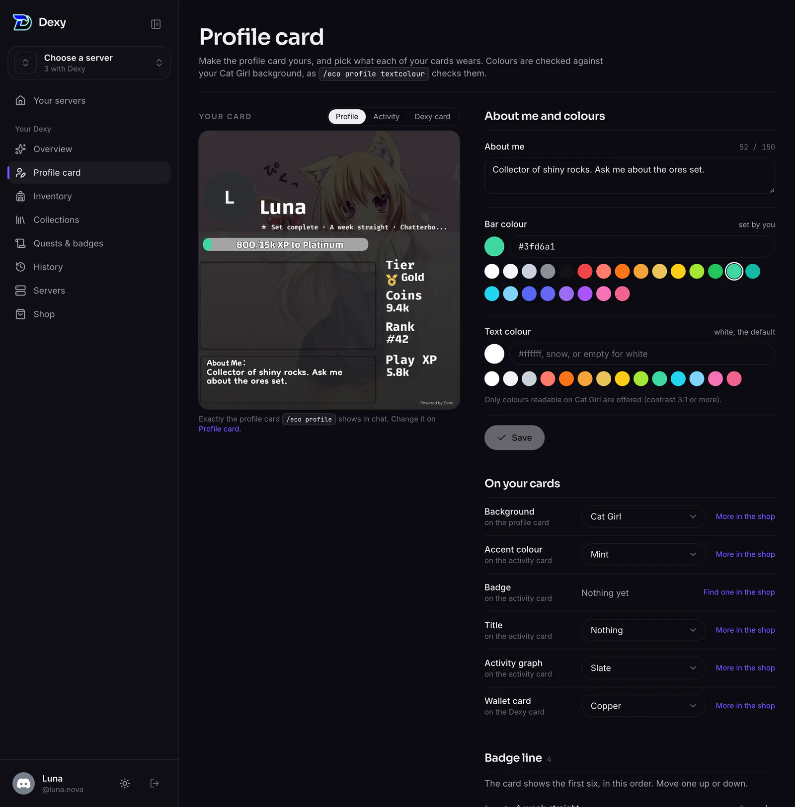 Profile card: the About me and colours, what's on each of your cards, and the badge line