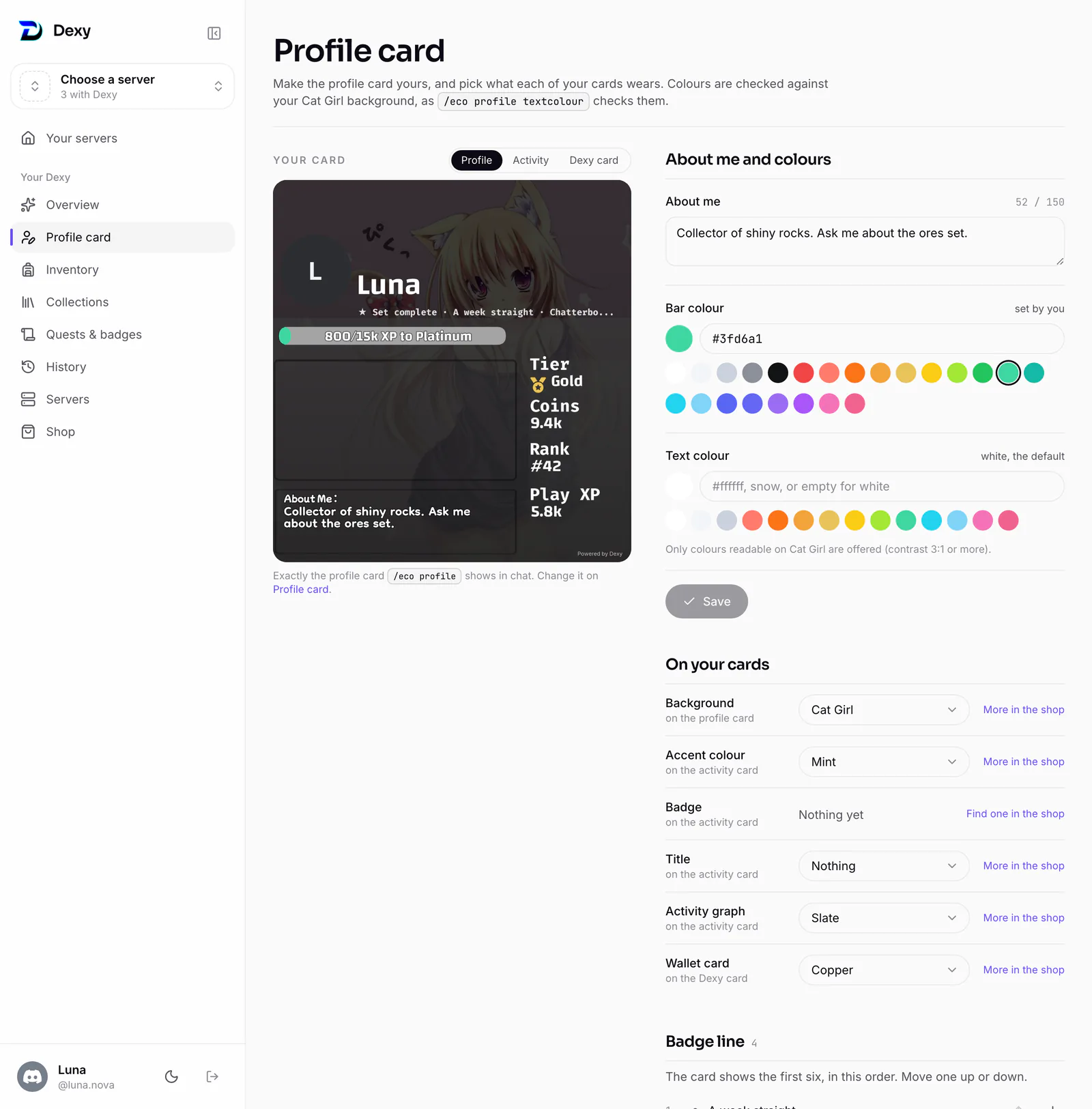 Profile card: the About me and colours, what's on each of your cards, and the badge line