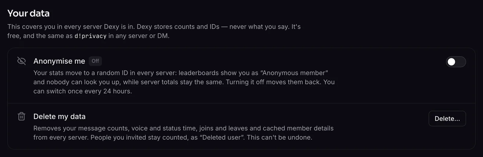 Your data on your dashboard profile: Anonymise me and Delete my data