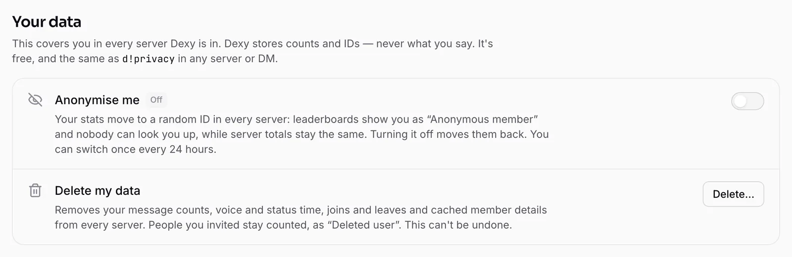 Your data on your dashboard profile: Anonymise me and Delete my data