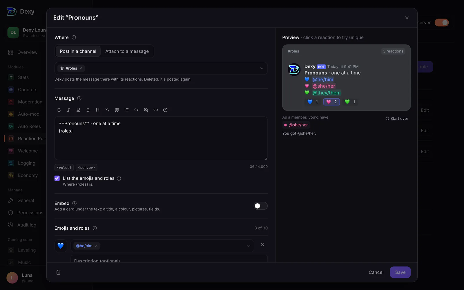 The editor, top to bottom: where it goes, the message, the emojis and their roles, the mode and who can use it, beside a live preview