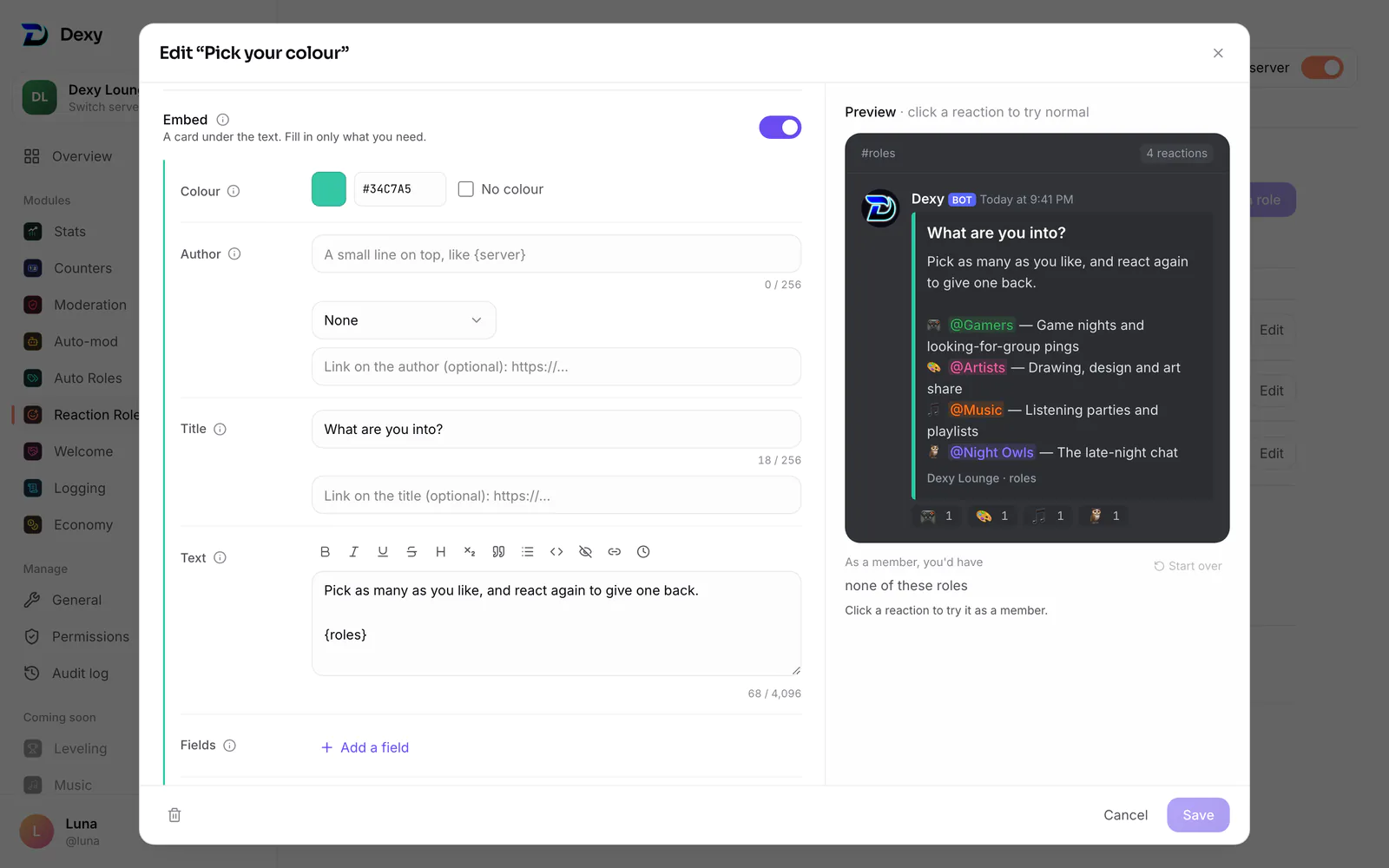 The embed builder, switched on: colour, author, title, text, fields, pictures, footer and time