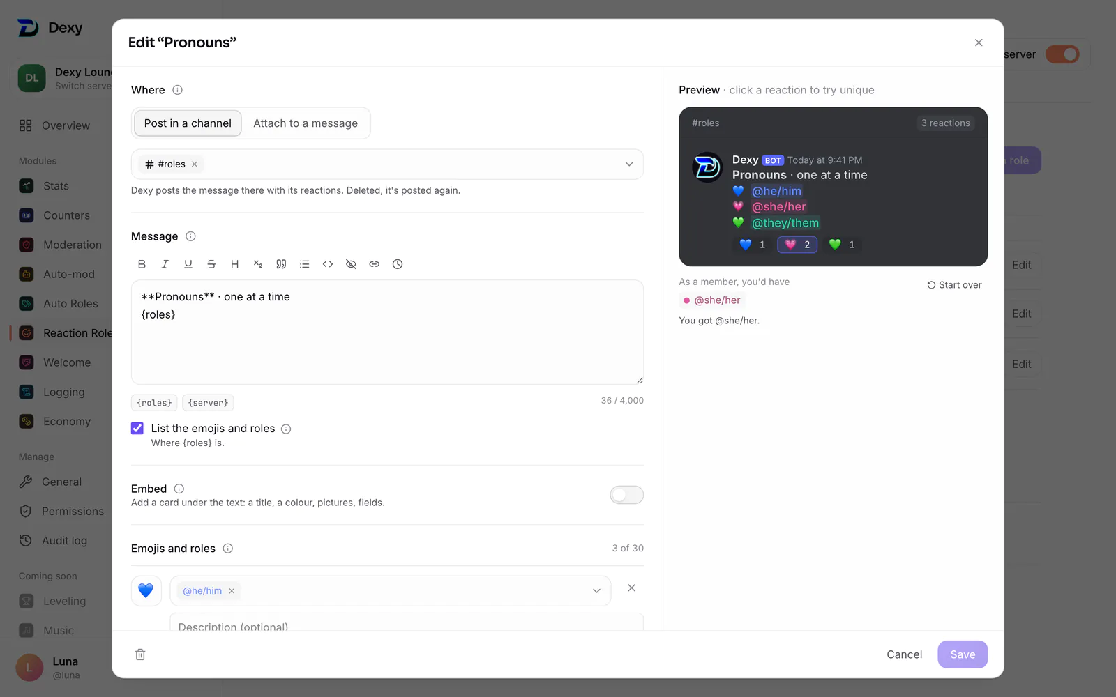 The editor, top to bottom: where it goes, the message, the emojis and their roles, the mode and who can use it, beside a live preview