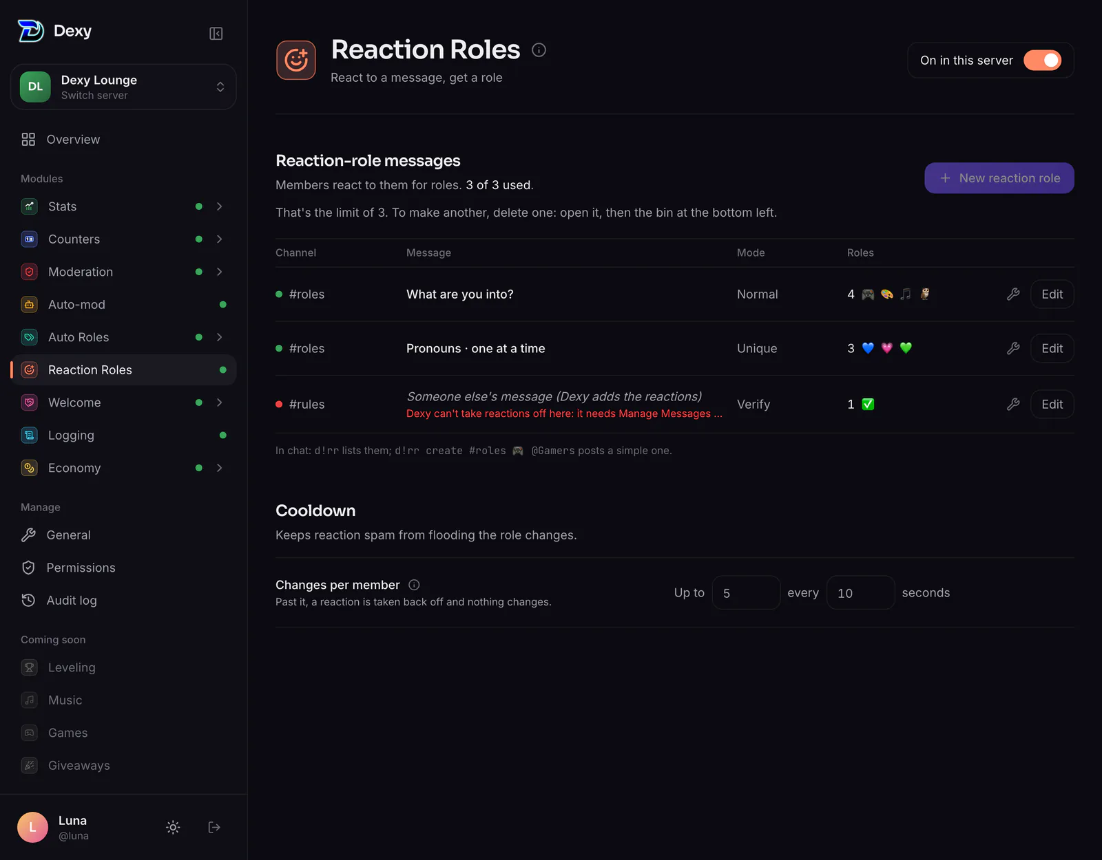 Reaction Roles: each message with its channel, first line, mode and emojis, and how many of the 3 are used