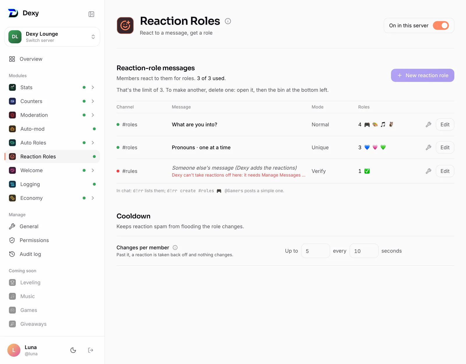 Reaction Roles: each message with its channel, first line, mode and emojis, and how many of the 3 are used
