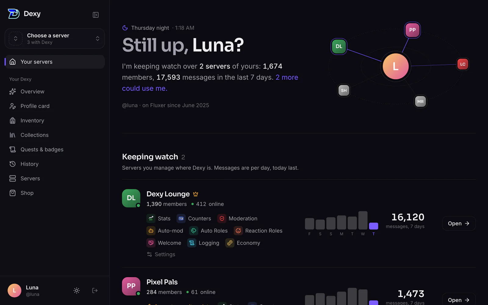 Your home page after logging in: the servers Dexy keeps watch over, then the rest