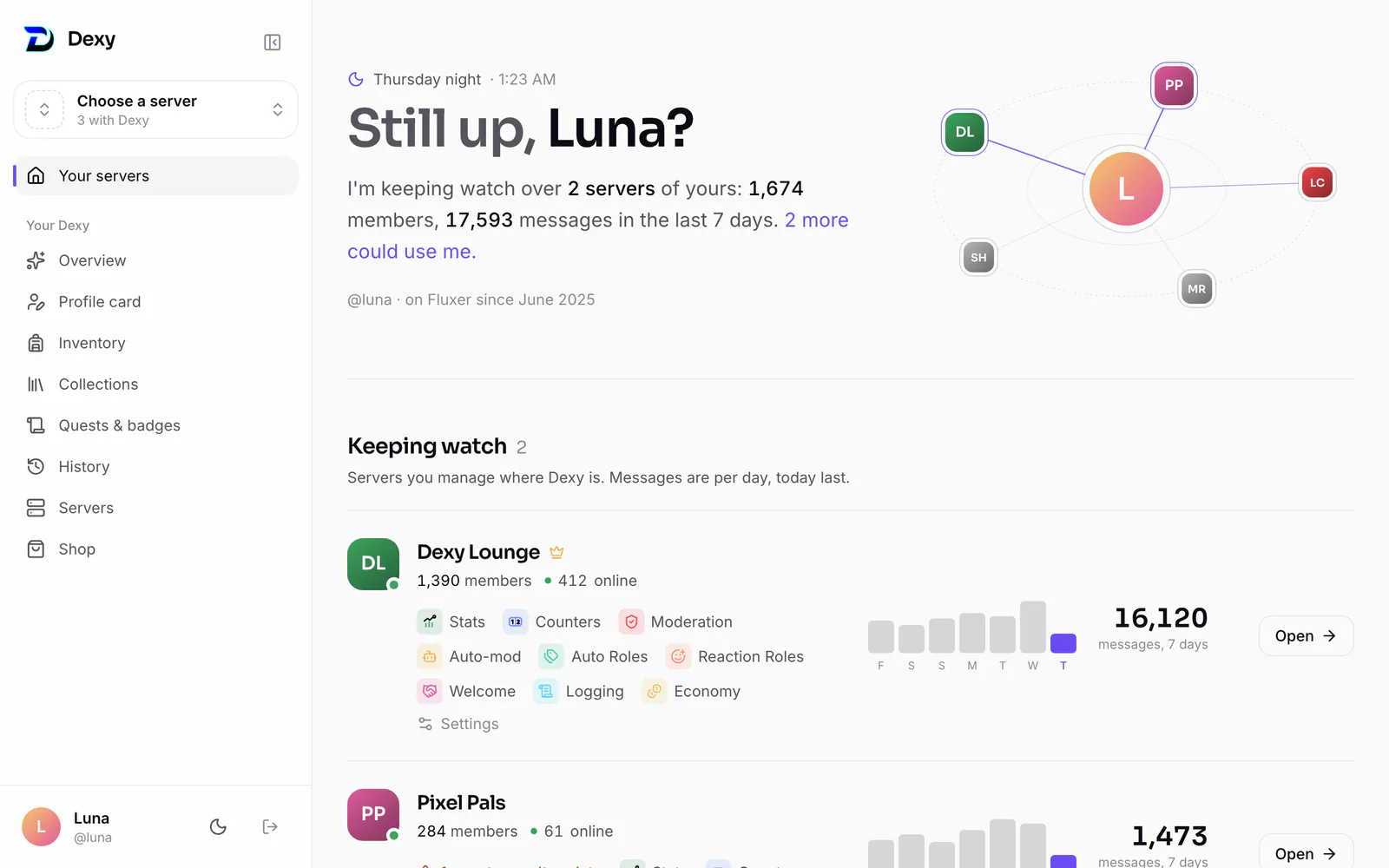 Your home page after logging in: the servers Dexy keeps watch over, then the rest