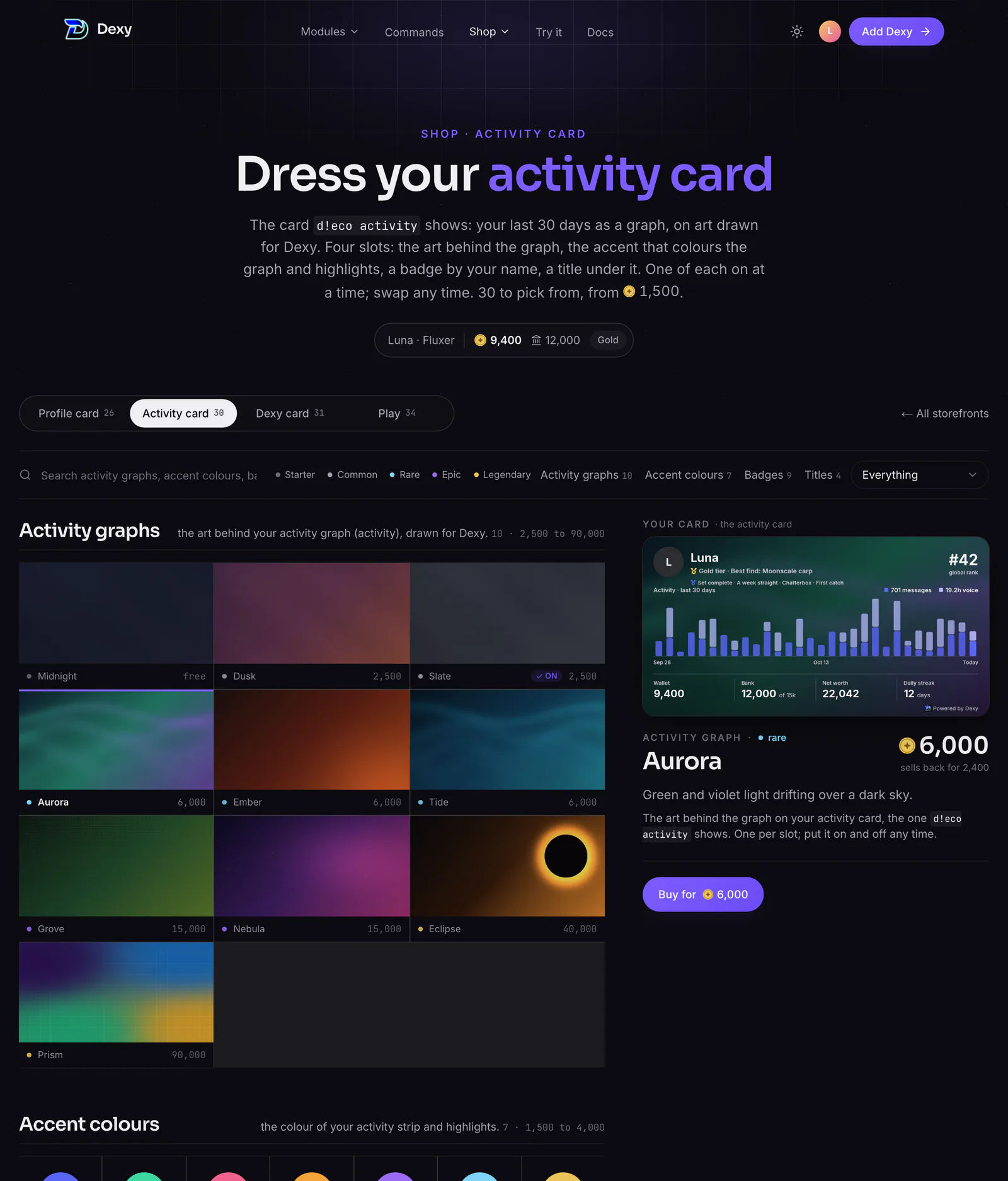 The Activity card storefront: activity graphs, accents, badges and titles, with the picked one on your activity card