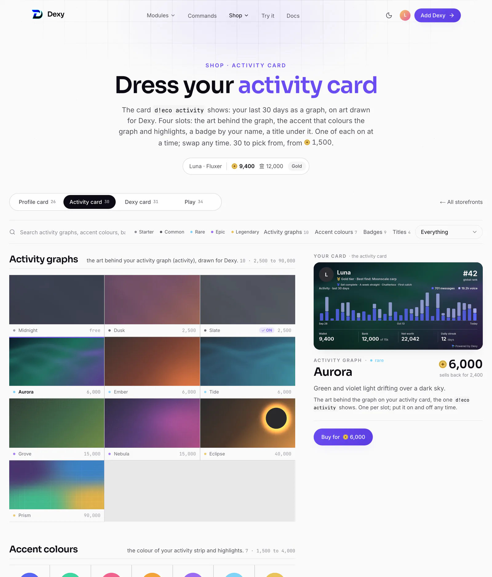 The Activity card storefront: activity graphs, accents, badges and titles, with the picked one on your activity card