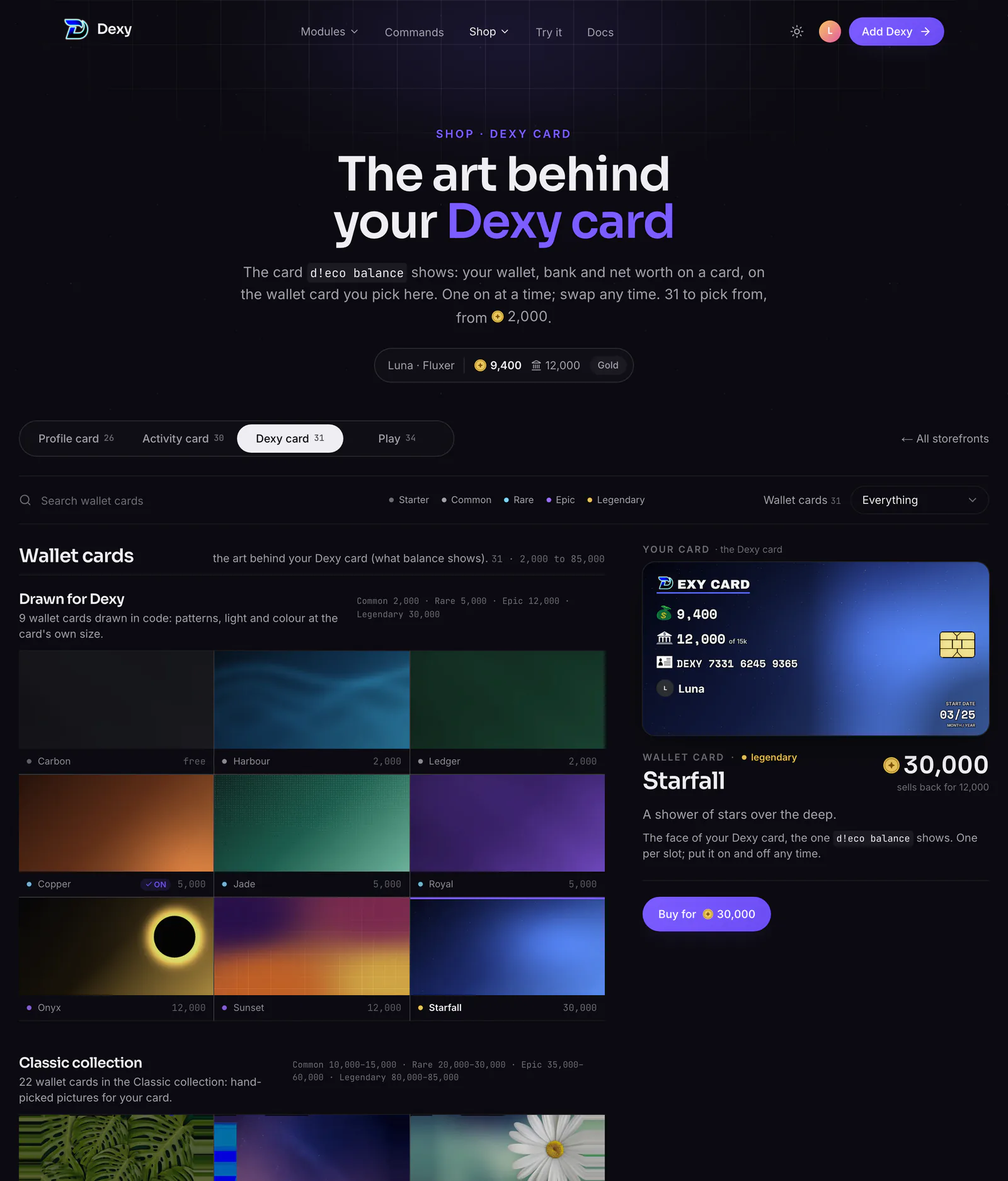 The Dexy card storefront: wallet cards, drawn and classic, with the picked one on your Dexy card