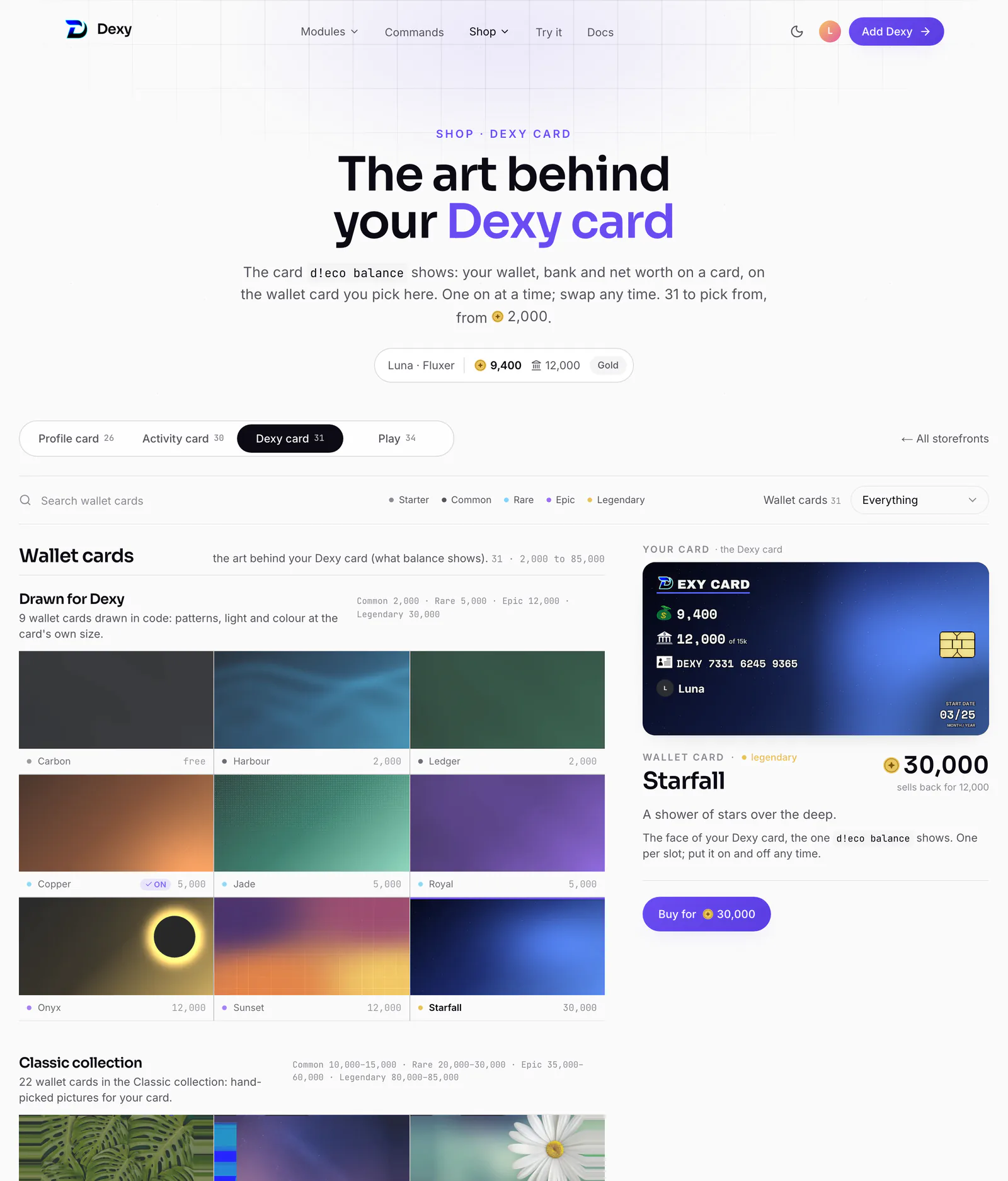 The Dexy card storefront: wallet cards, drawn and classic, with the picked one on your Dexy card