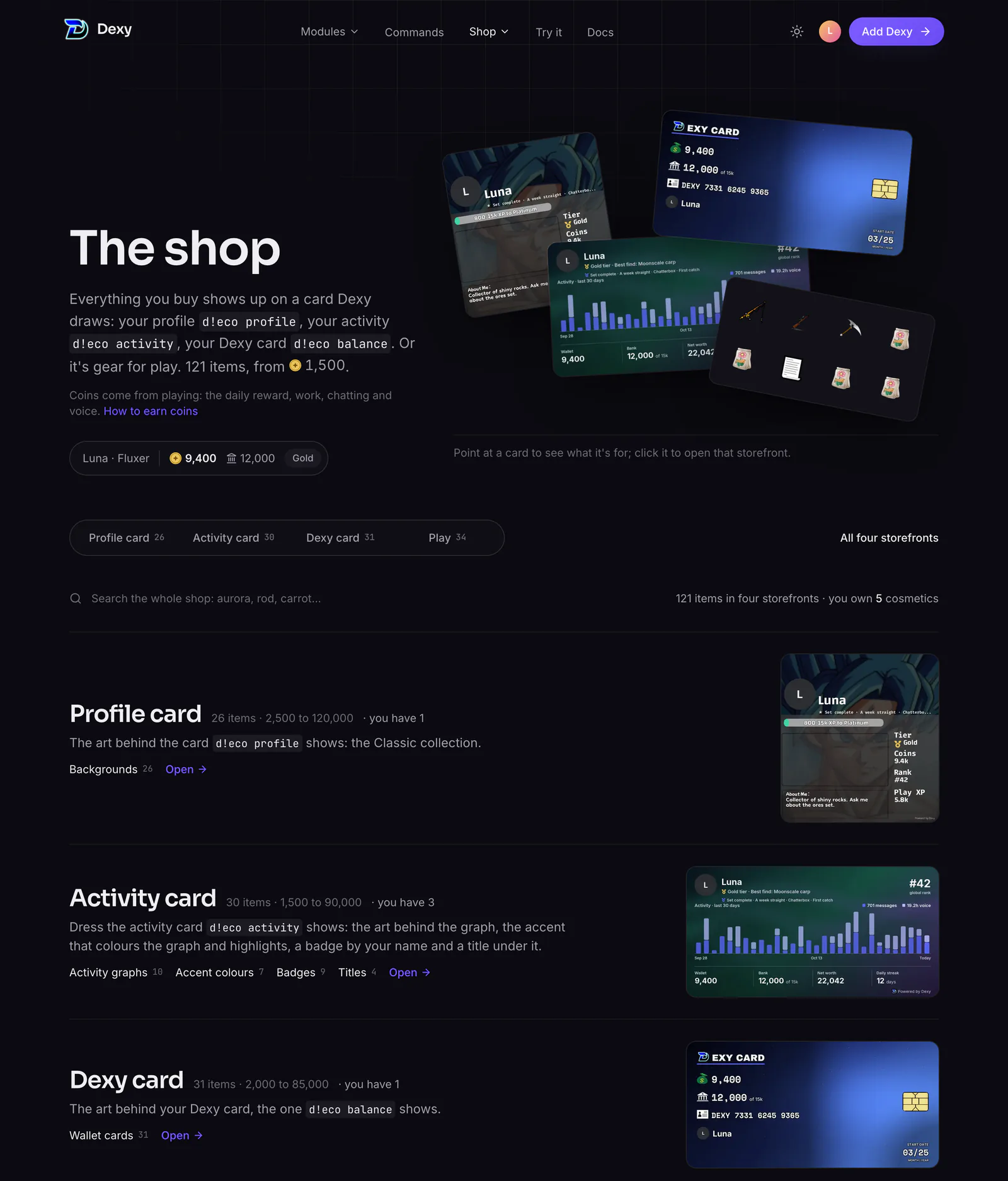 The shop's front: the four storefronts, each with the card its items change