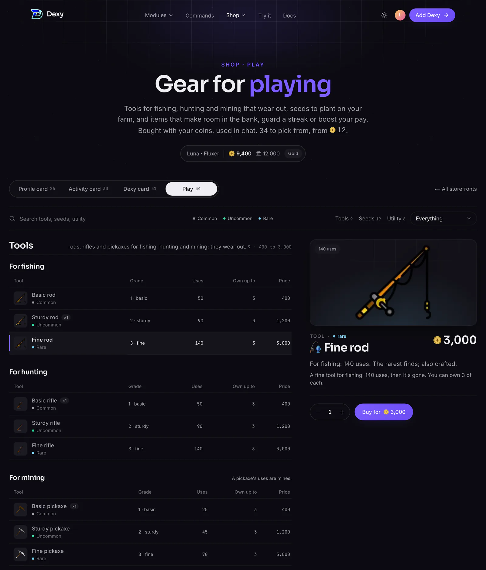 The Play storefront: tools, seeds and items compared in tables