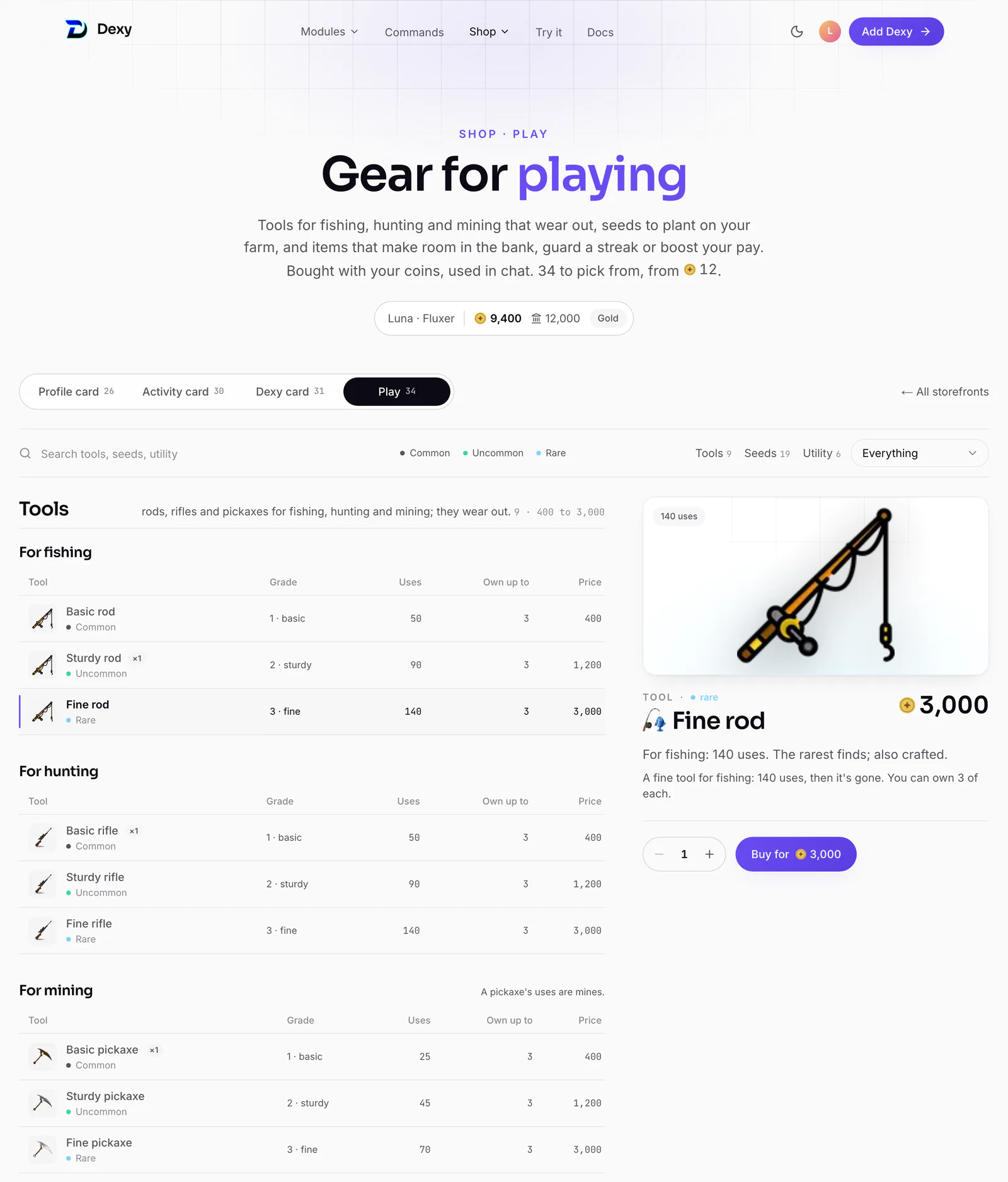 The Play storefront: tools, seeds and items compared in tables
