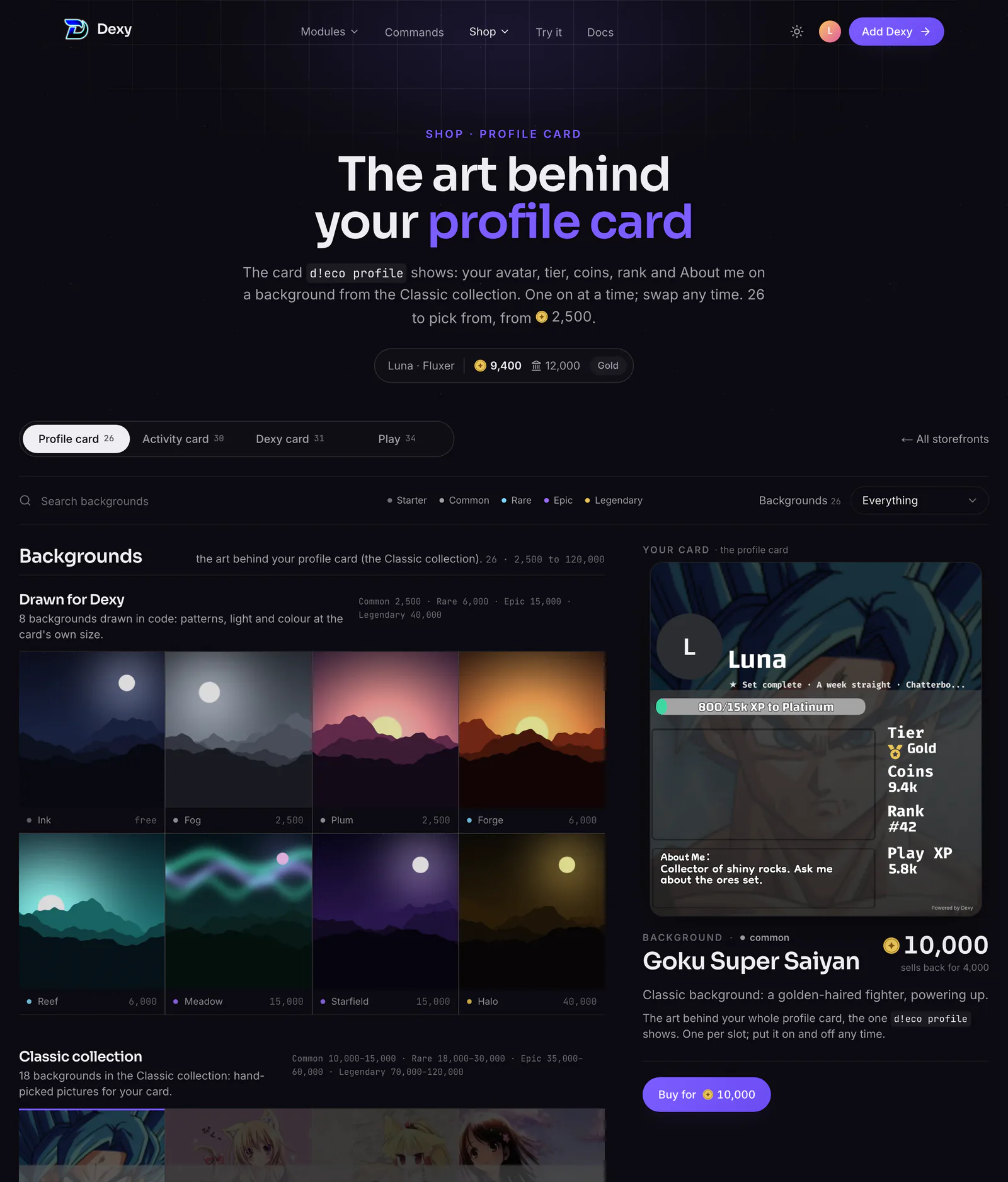 The Profile card storefront: the Classic backgrounds, with the picked one on your profile card