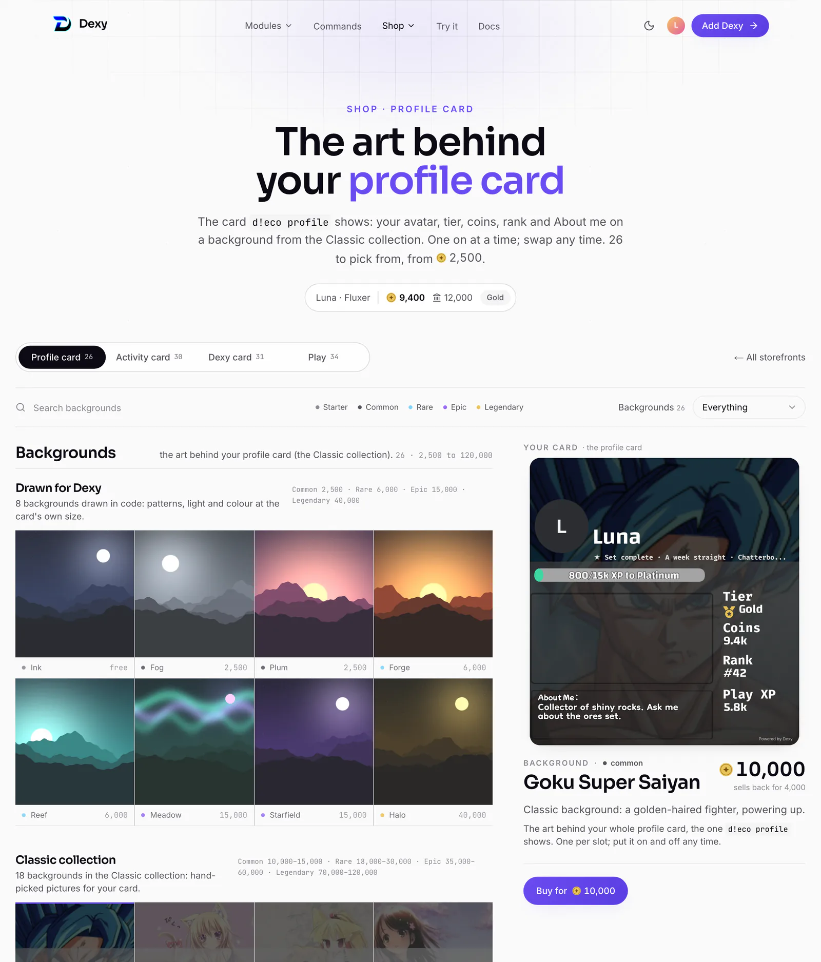 The Profile card storefront: the Classic backgrounds, with the picked one on your profile card