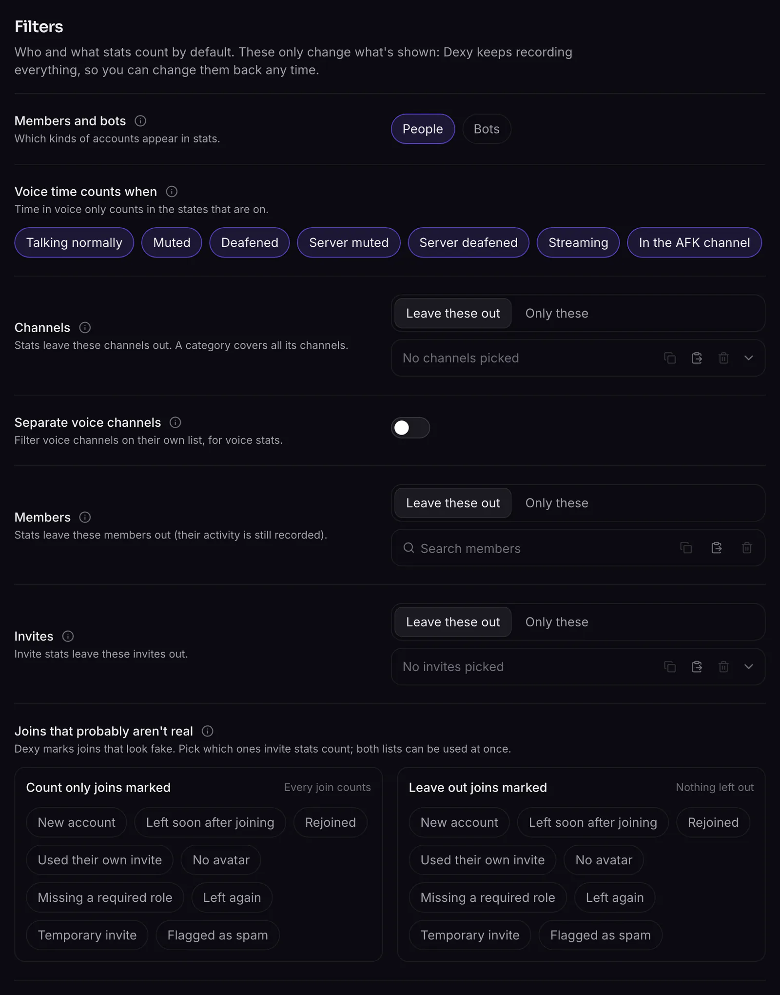 Stats ▸ Settings ▸ Filters: members and bots, channels, voice states, members, invites and fake joins